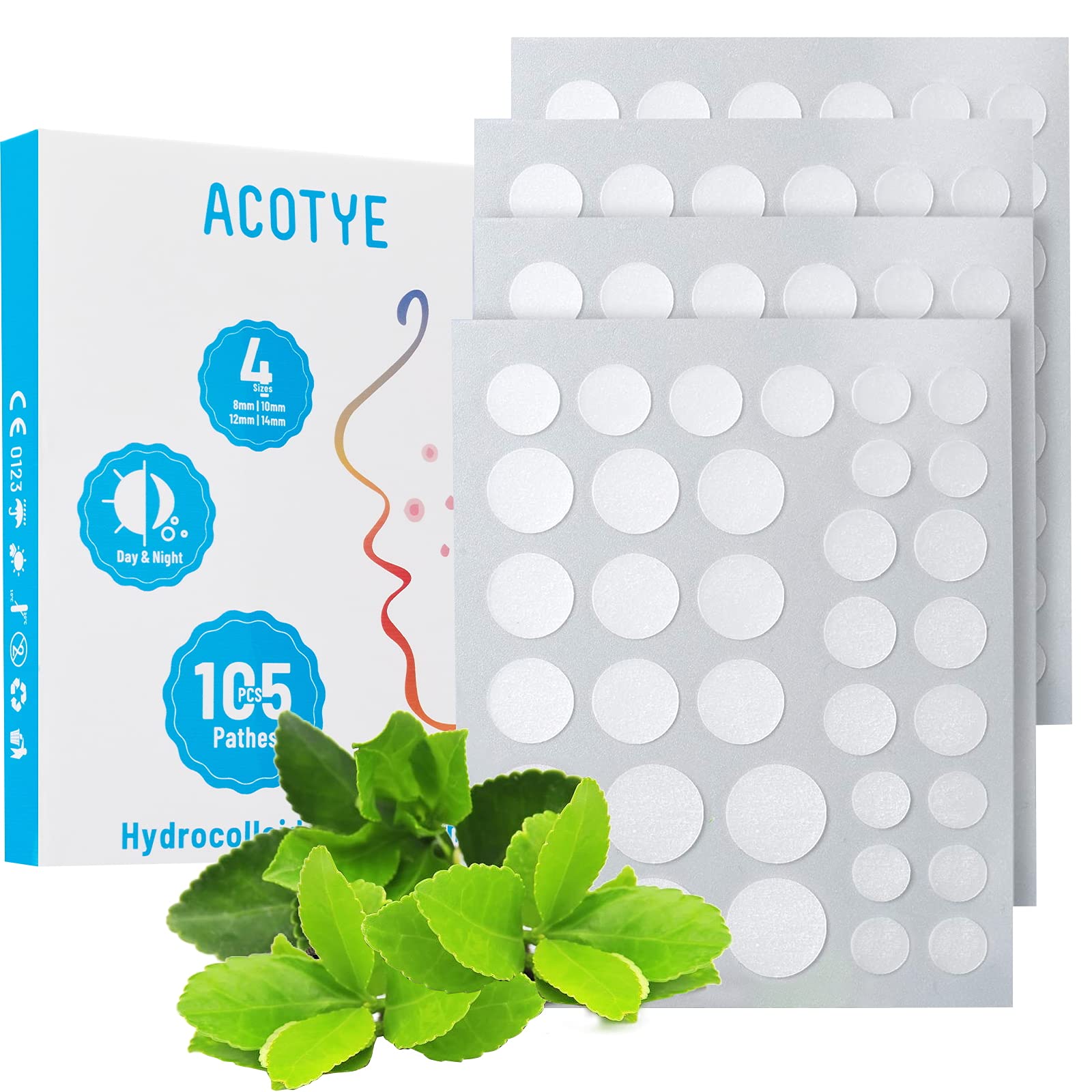 ACOTYE 2022 Pimple Patches 105PCS with Tea Tree Oil, Salicylic Acid and Niacinamide, Blemish Spot, Fast Healing, Invisible Hydrocolloid Patches, 4 Sizes 8mm, 10mm, 12mm,14mm (Updated Version) (105pcs)