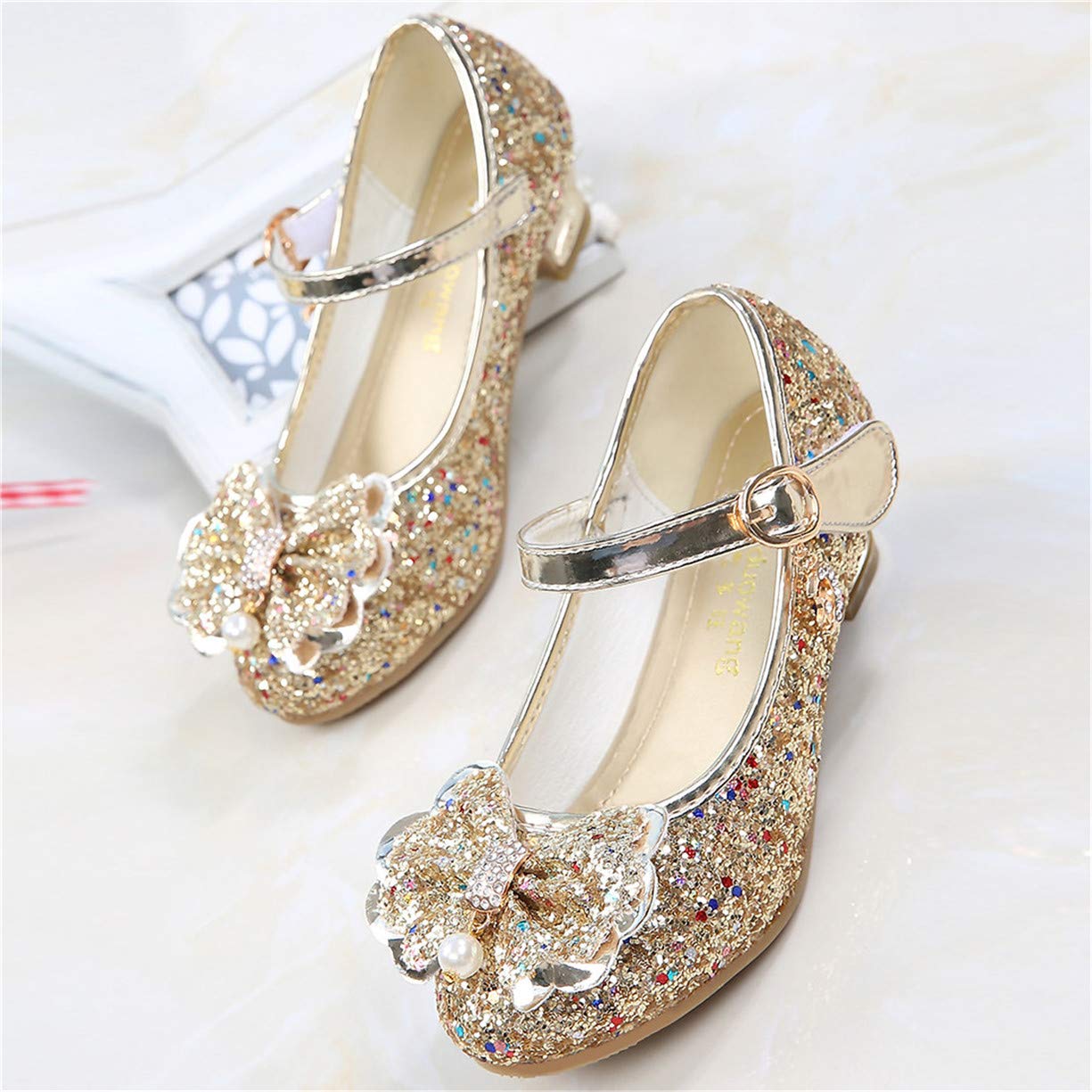 Princesse Chaussures Enfant Fille Cendrillon Sandale Talon Haut Paillette Brillante Perle Crystal Noeud Papillon Scratch Pendentif Métal Mariage Soirée Anniversaire