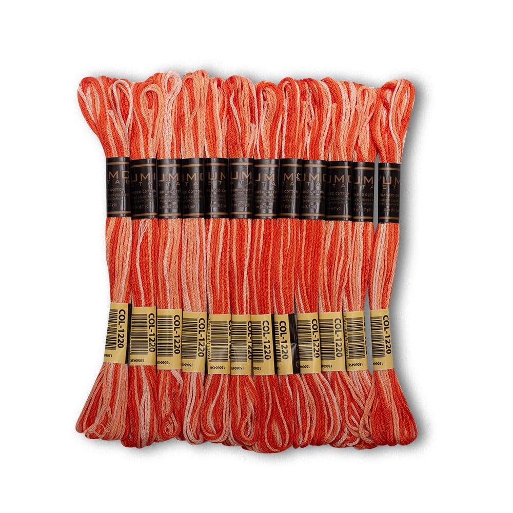 Pack of 12 Premium Embroidery Thread | 100% Egyptian Cotton Premium Skeins | Cross Stitch Embroidery Floss | Oeko TEX Certified | Ideal for Arts &amp; Crafts (Orange Variegated 1220)