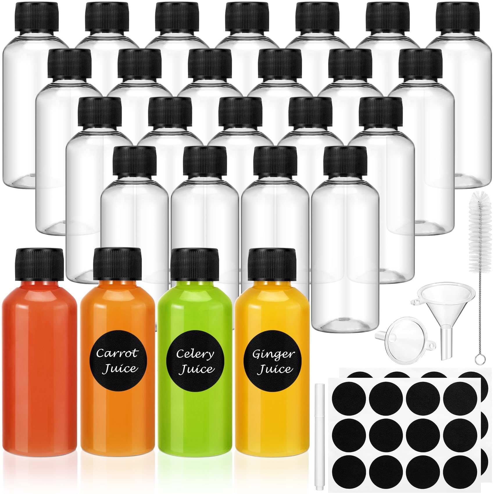 Revahope Mini Reusable Plastic Ginger Shot Bottles 2 oz, 16 Pack - Leakproof Juice Shot Bottles with Lids for Liquid Samples