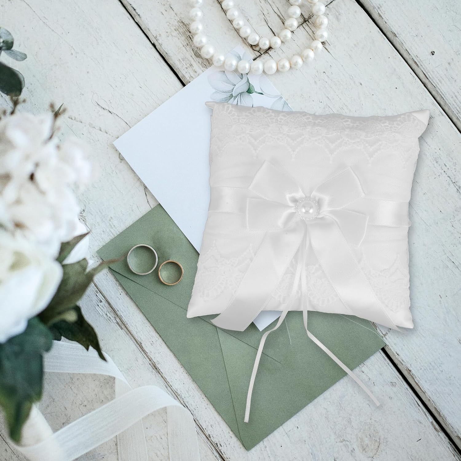 Zerodeko Lace Wedding Ring Pillow with Bow for Ceremony and Proposal
