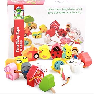 Lacing Farm Toy Wooden Block Set, Early Educational Toys String & Lacing Beads Games