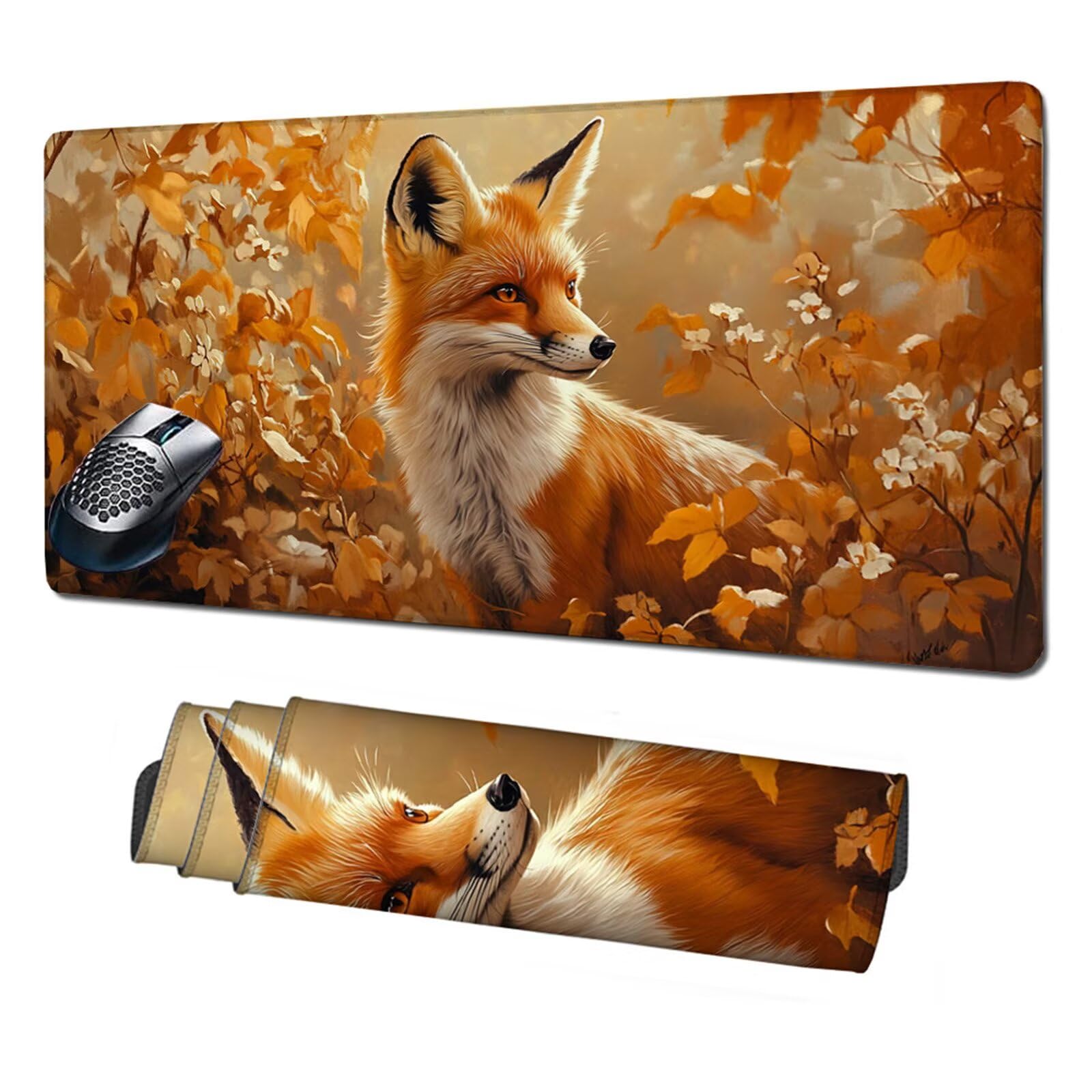 Gamingowa podkładka pod mysz XXL, 1200 x 600 mm, podkładka pod mysz, lisy, podkładka na biurko, z antypoślizgową gumową podstawą, szyte krawędzie, poprawia prędkość, precyzja, akcesoria gamingowe