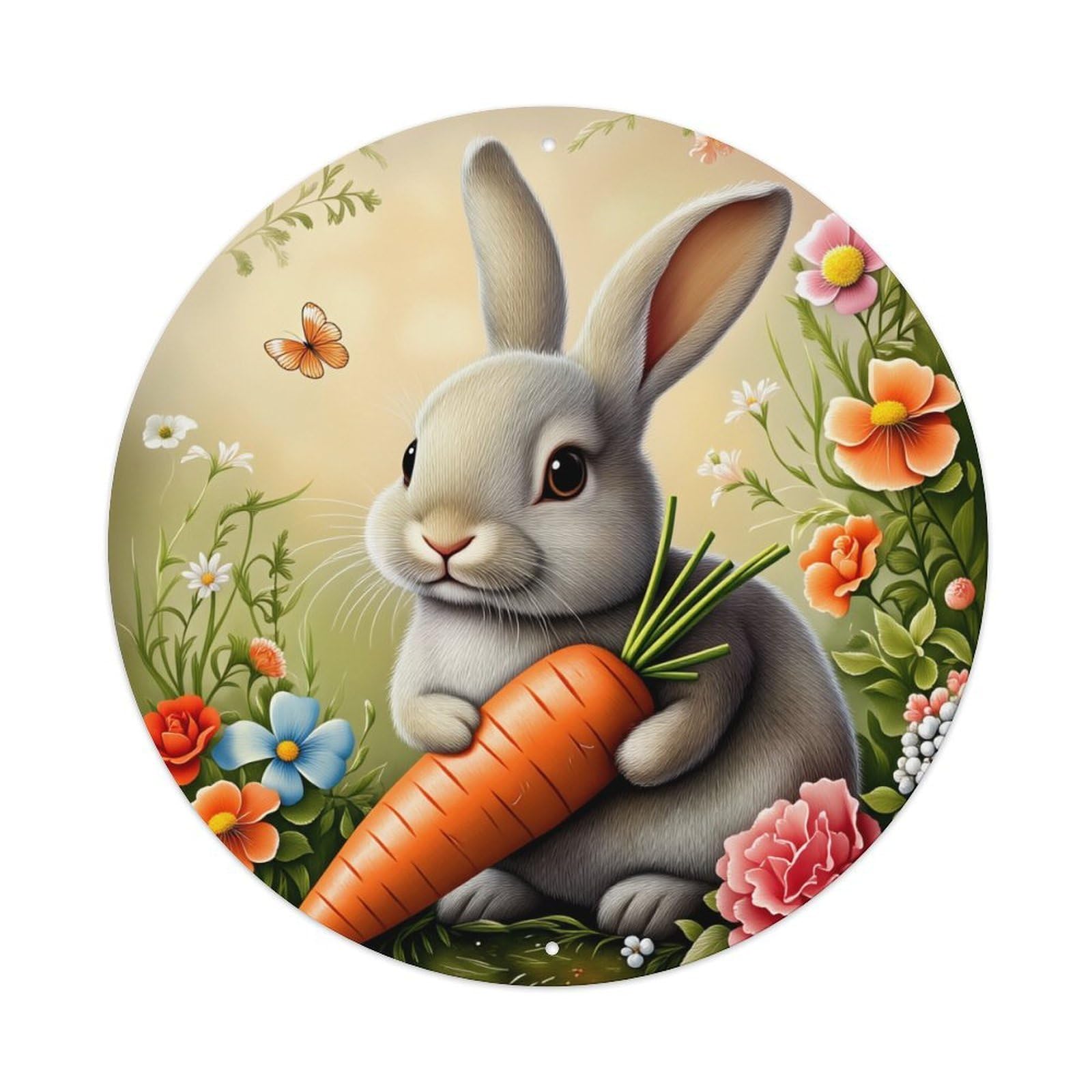 Bunny Carrot Flowers Spring Garden Round Tin Sign Vintage Metal Poster, Home Bar Garage Man Cave Cafe Indoor & Outdoor Wall Decoration 8x8Inches