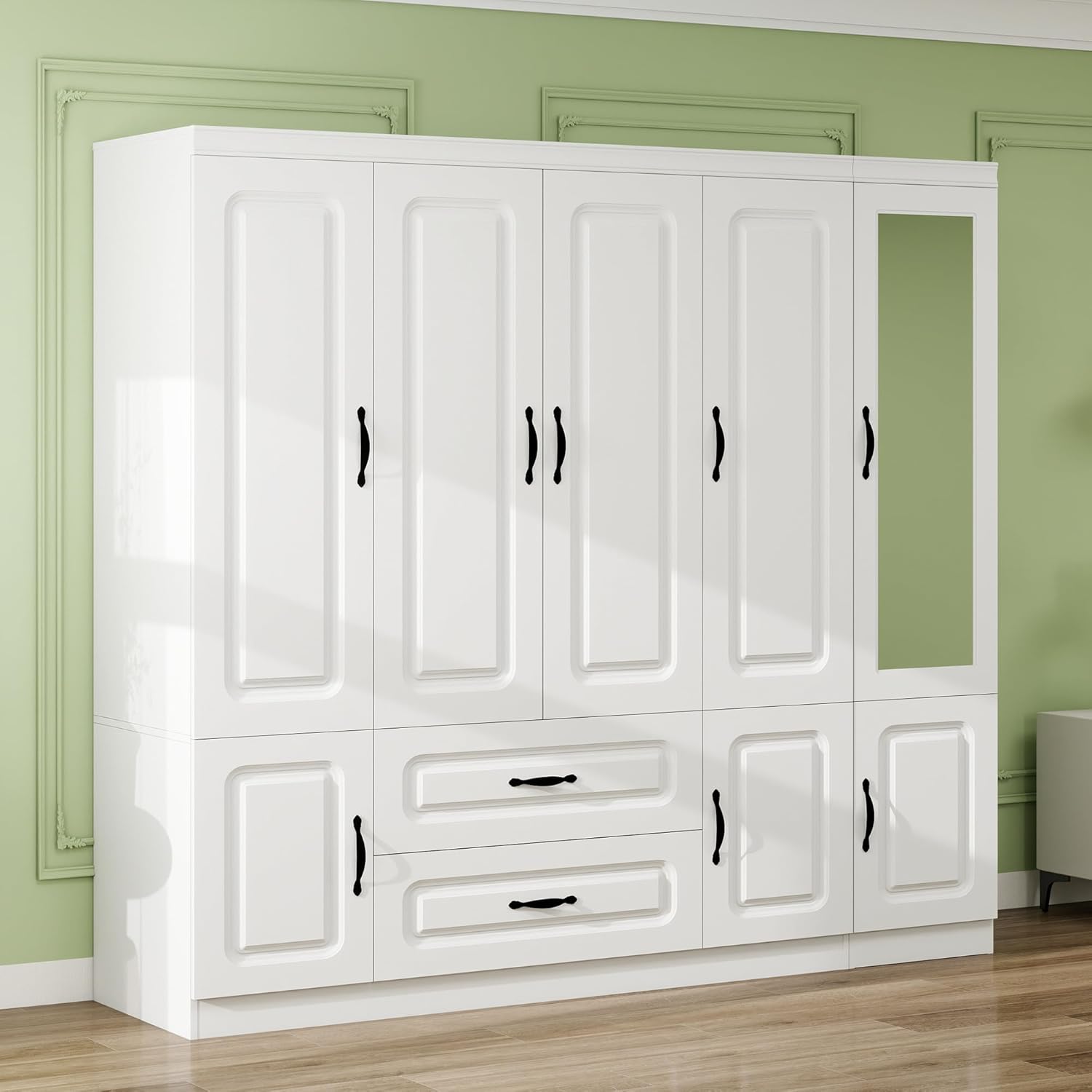 Modern White Armoire Wardrobe Closet with Mirror, Large Capacity, Comes with Drawers, Rails and Shelves for Bedroom Storage 78.74" W x 20.47" D x 70.87" H (70-15)