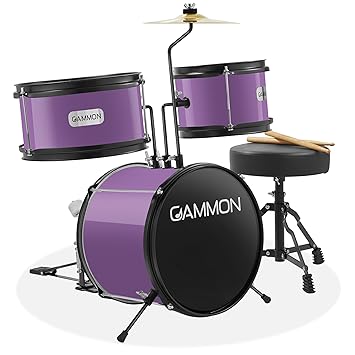 Gammon Percussion 3-Piece Junior Drum Set with Throne - Purple, Complete Beginner Kit with Bass Drum, Toms, Cymbal, Pedal, and Drumsticks