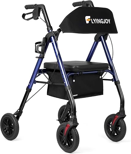 FlyingJoy Andador con asiento de 4 ruedas para personas mayores, frenos de bloqueo de rueda grandes de 8 pulgadas, caminante médico, ligero,