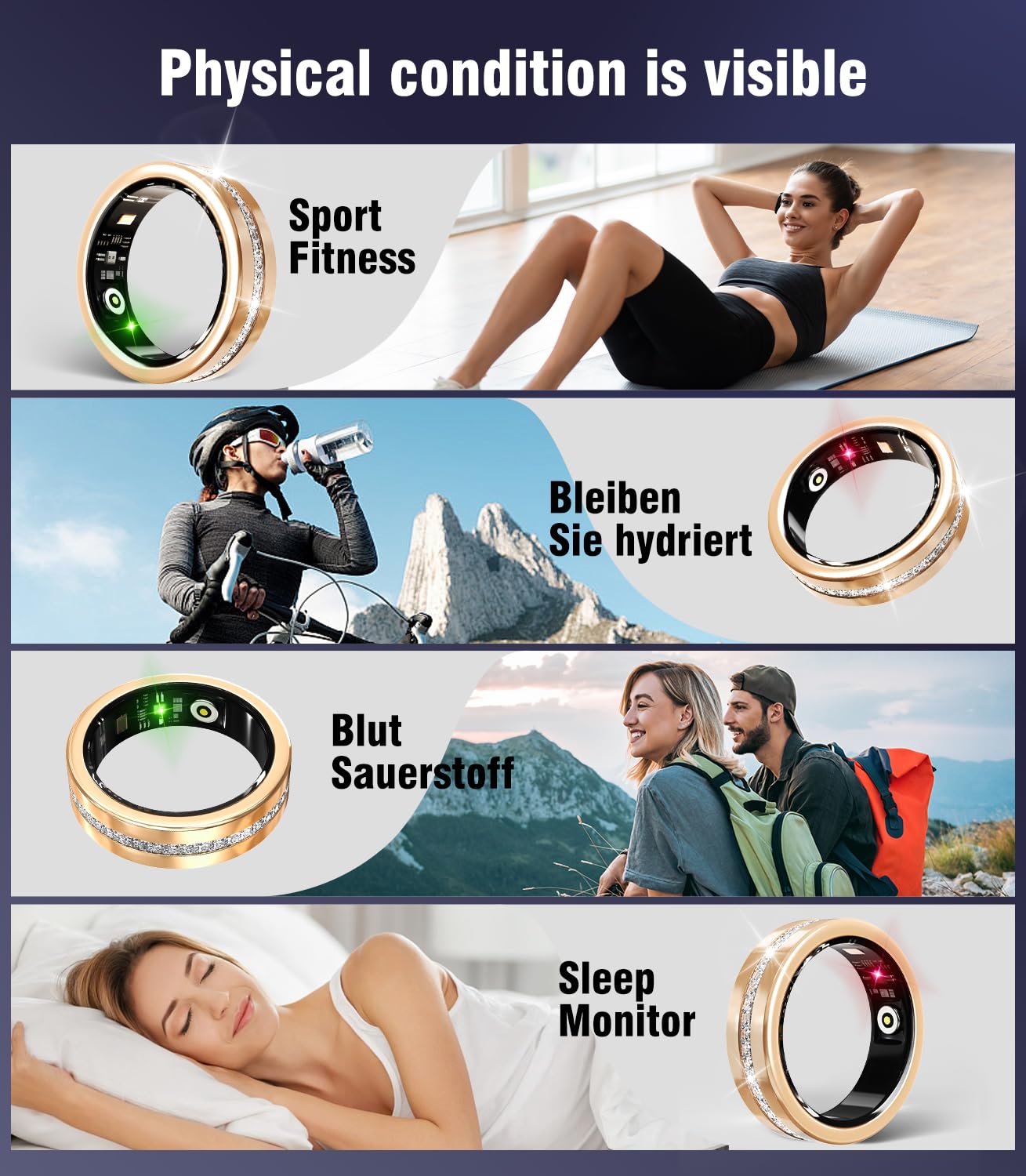 10. Gen Diamant Smart Ring 【IP68 Wasserdicht-0 Messfehler】 und Kabelloses Ladeetui, Fitness Tracking Ring with Heart Rate, Sleep Monitor，Smartring Kompatibel mit Android und iOS,Gold 8