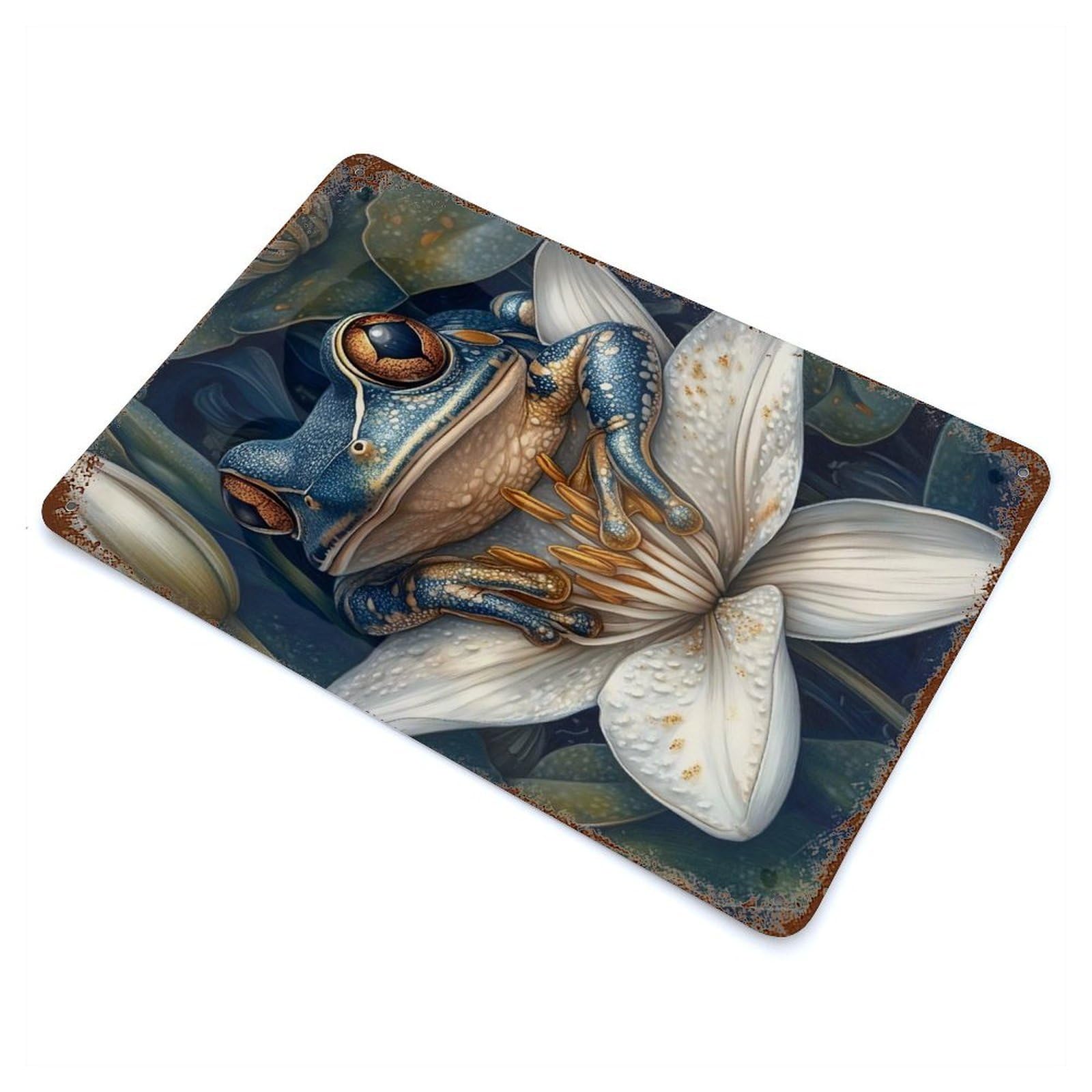 Blue Frog On Lily Rust Effect Tin Sign 11.8"x7.9", Retro Wall Decor for Patio, Garden Room And Bar Decor