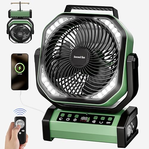 Socool Ventilador de campamento con luz, ventilador de batería recargable de 20000 mAh con control remoto, 112 horas y 8 velocidades, pantalla