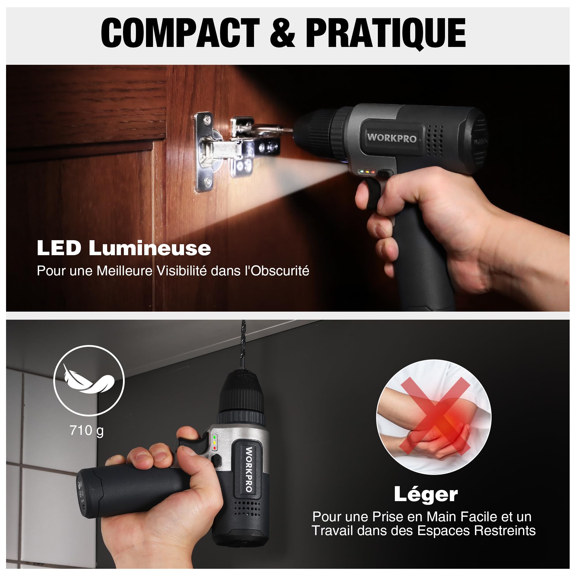 WORKPRO Kit de Perceuses Visseuse Sans Fil 8V Noir, Visseuse Devisseuse Sans Fil 2000mAh, Couple 12Nm, Mandrin de Perçage 10mm, LED Lumière, Kit d'Accessoires Complet, pour Réparation Maison DIY