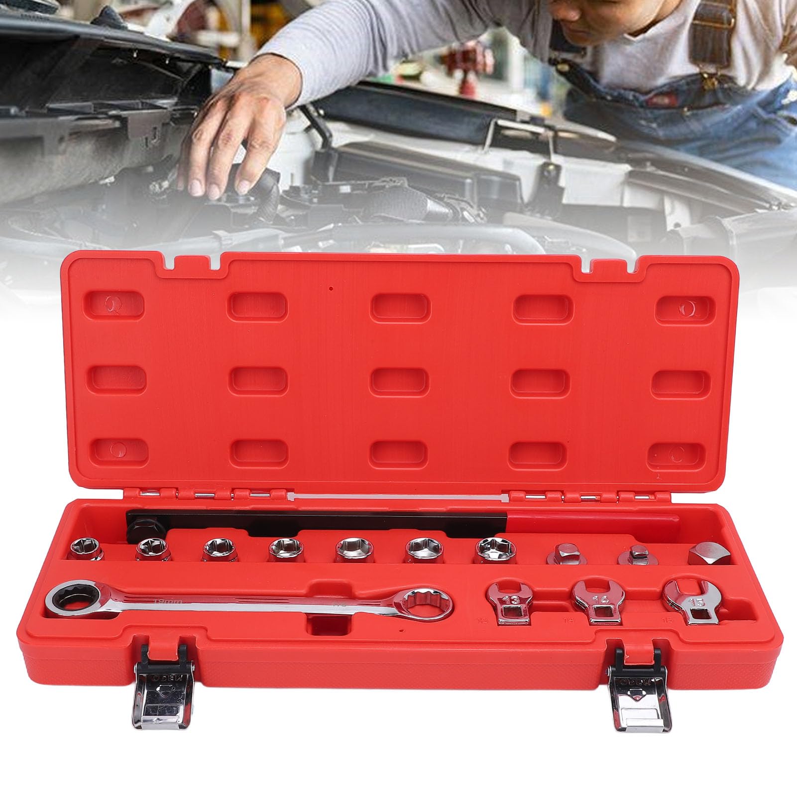 Kit Herramientas para Correas Serpentinas con Llave Trinquete, Adaptador Dado, Varilla Extensión Dado 6 Puntos, 15 Piezas Juego Herramientas Tensor Correa Serpentina Trinquete
