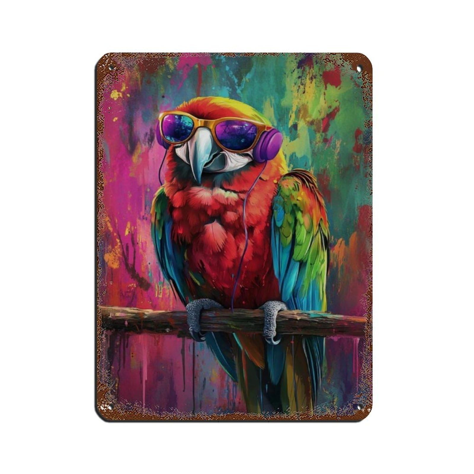 Parrot With Headphones Poster Tin Sign Vintage Metal Pub Club Cafe Bar Home Wall Art Decoration Poster Retro 12x16inch(30x40cm)