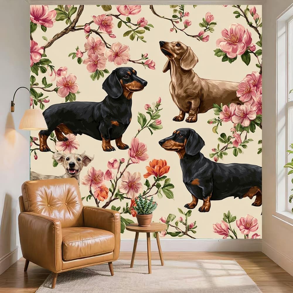Fototapeta 3D włóknina 400 x 280 cm zwierzęta jamnik kwiaty tapeta plakat beżowy do domu biura sypialni gabinetu salonu