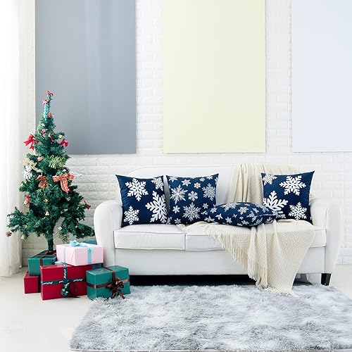 Miniatura 6 de HWY 50 Fundas de almohada azul oscuro de 18 x 18 pulgadas para sofá, cama, suaves fundas de almohada decorativas de Navidad con estampado de copos