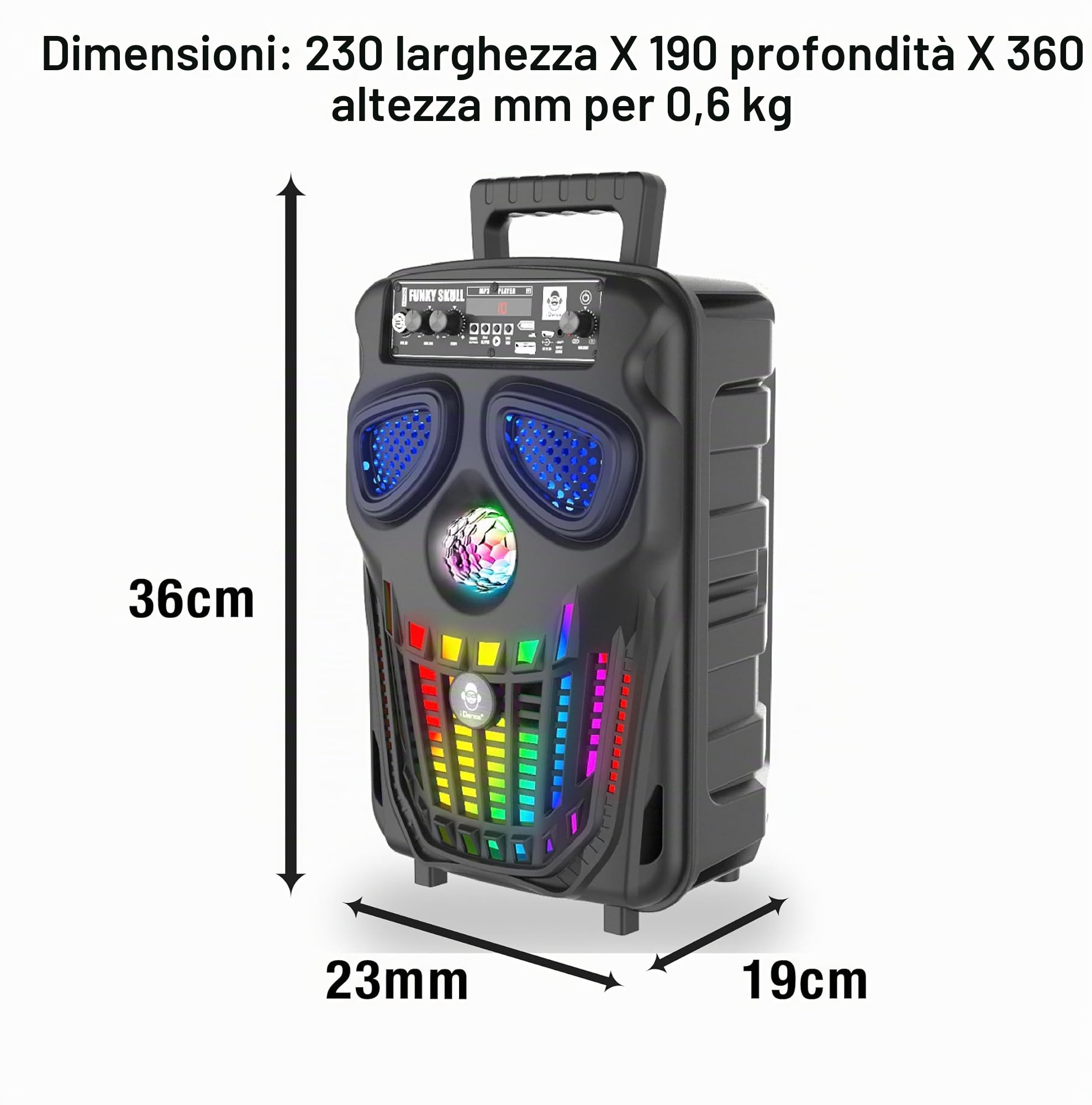 iDance Funky Skull FS400 Altoparlante Portatile Bluetooth per Feste con Effetti di Luce LED, Super Bass e Funzione Karaoke