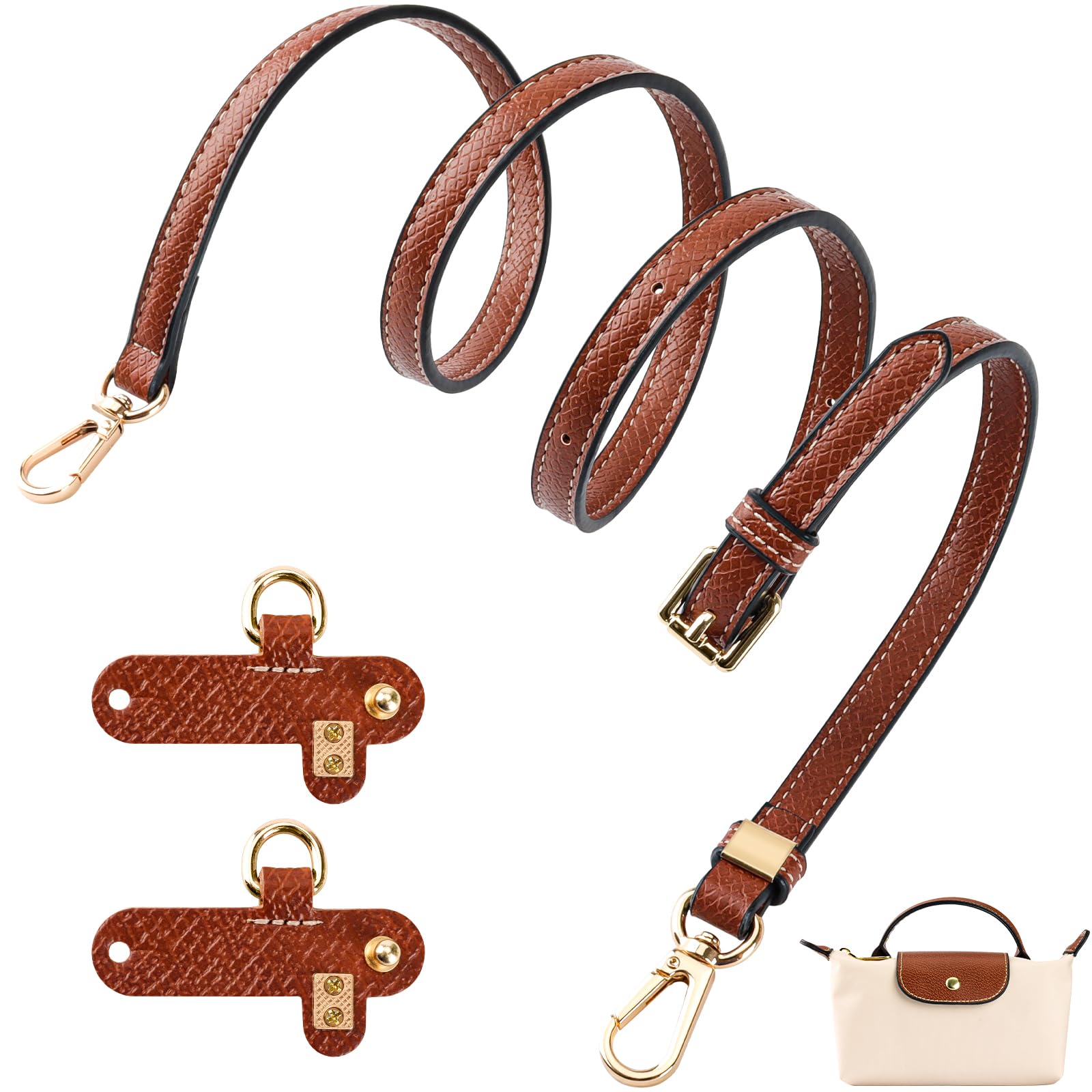 Correa para Longchamp Mini, Correa Bolso Bandolera Mujer - Marrón, Ajustable Cuero Bandolera para Mini Mochila, No Perforación con 2 Adaptadores para Correas de Hombro, Longitudes 120 cm