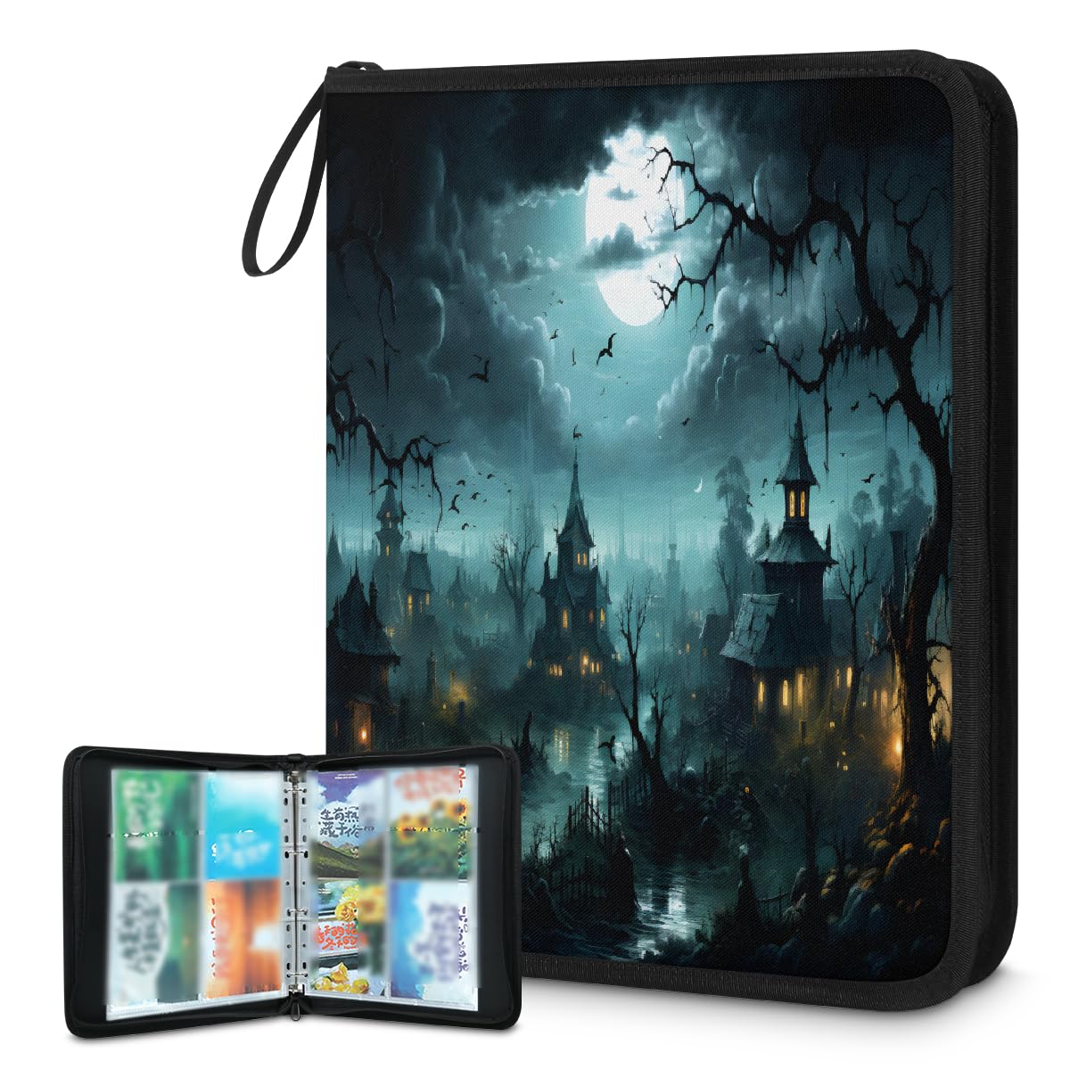 Classeur pour cartes à collectionner - 4 poches - Château d'Halloween - Arbre et lune - Classeur pour cartes avec pochettes amovibles - Étanche - Avec fermeture éclair - Capacité de 50 pages - 400