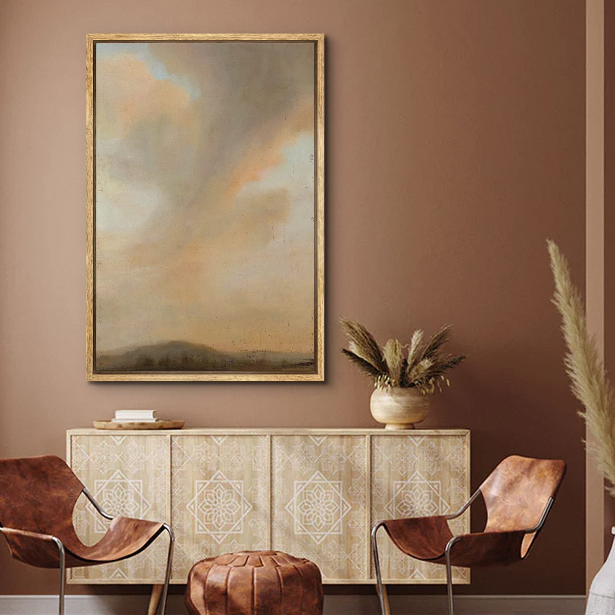 wall26 Framed Canvas Print Wall Art Cloudy Sky Pastel Mountain Landscape Nature Wilderness Modern Art Realism Decorative Minimal Calm/Zen Rustic for Living Room, Bedroom, Office - 24"x36" NATURAL