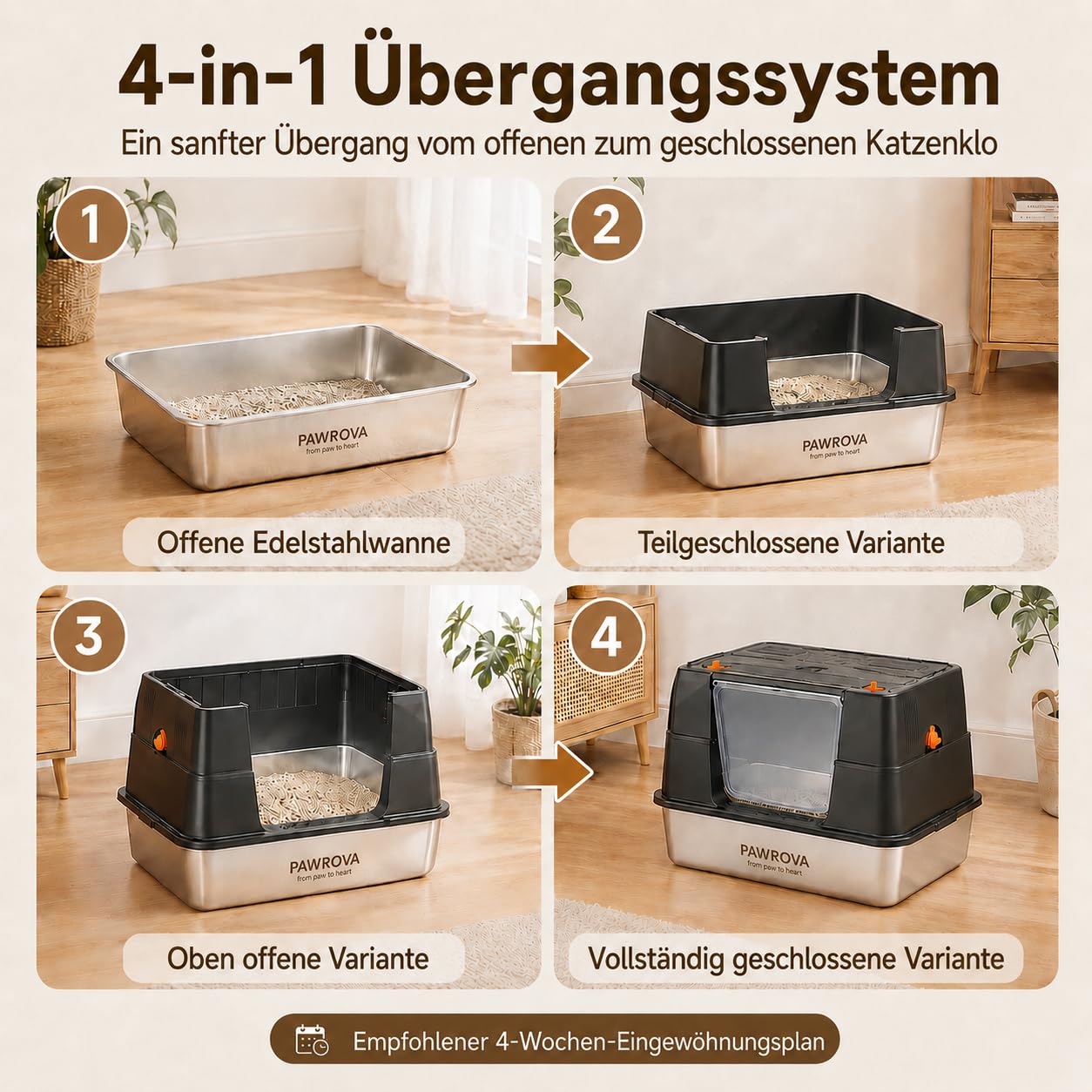 XL Katzenklo aus V2A-Edelstahl mit Klappdeckel, geschlossen | V2A-Edelstahl, rostfrei, geruchsresistent, hoher Rand gegen Urinspritzer, leicht zu reinigen, Schaufel & Matte inklusive