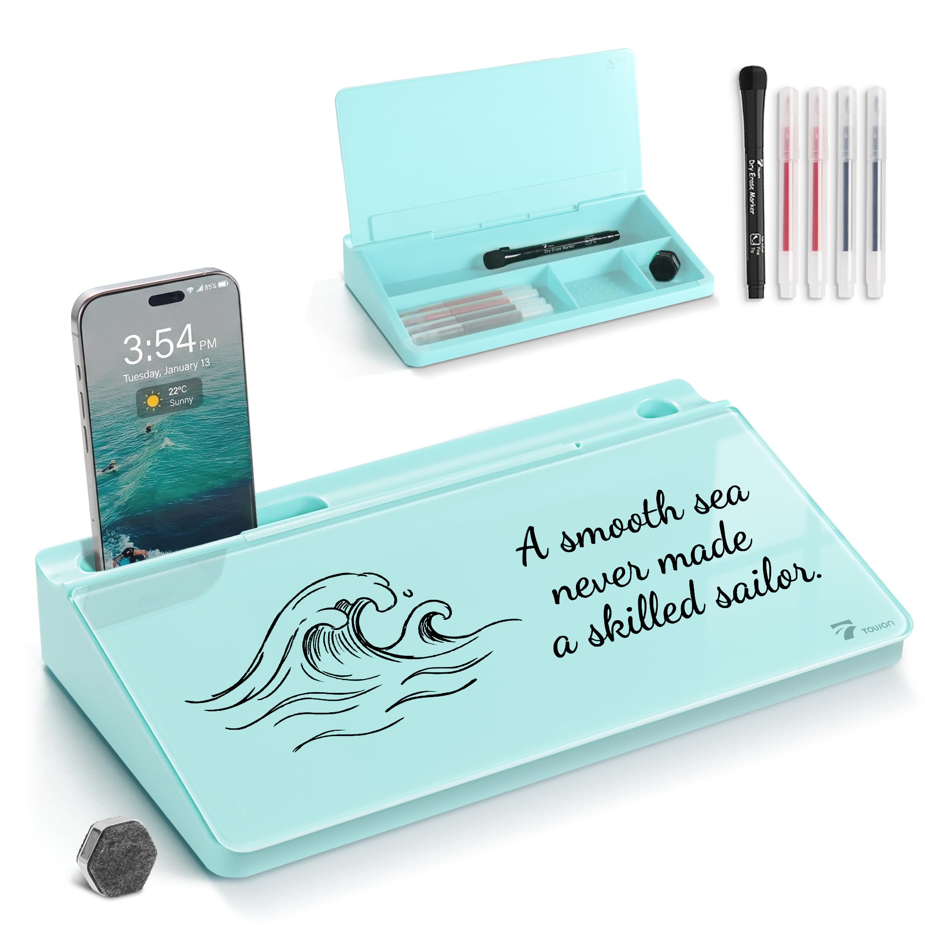 TOWON Small Compact Glass Desktop Whiteboard with Storage – 12 x 7 in Dry Erase Board for Desk, Home Office, School | Includes 5 Markers, Eraser &