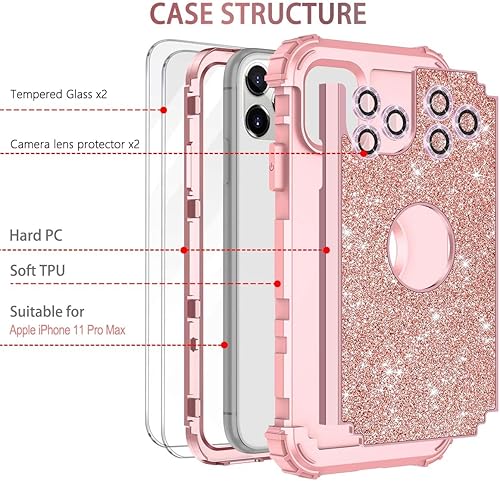 Miniatura 2 de LONTECT Funda para iPhone 11 Pro Max con purpurina brillante 3 en 1, a prueba de golpes, resistente, cuerpo completo, resistente funda protectora