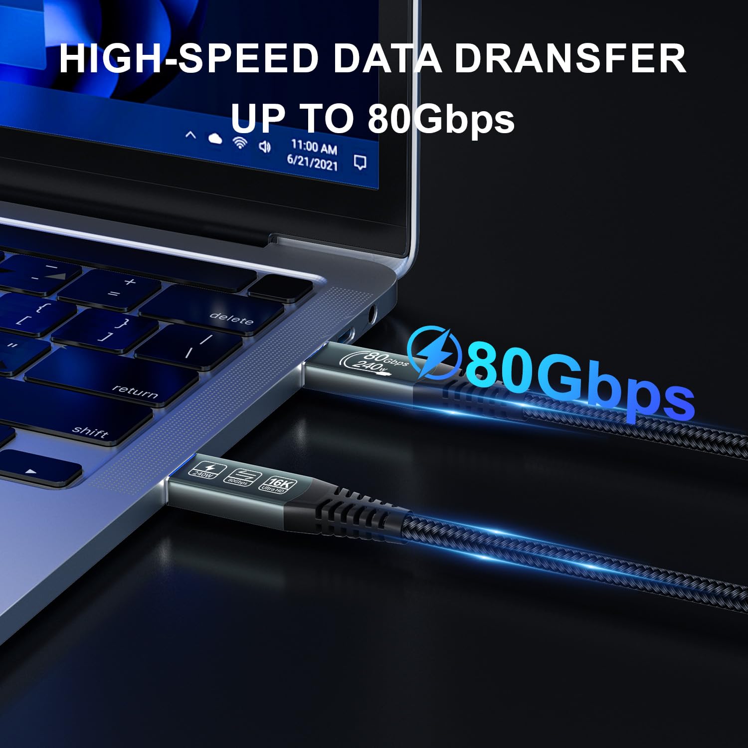 CAKOBLE Thunderbolt 5 kabel 3 m, 80 Gb/s, transmisja wideo 16K/ 8K, 240 W, kabel do ładowania USB 5, kompatybilny z Thunderbolt 4, Thunderbolt 3 USB 4 do koncentratora, stacji dokującej, M3, SSD,