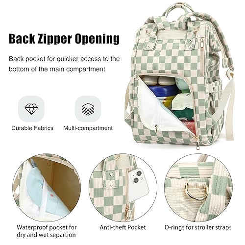 Miniatura 4 de Mochila para pañales de bebé para mamá, bolsa de pañales de viaje de gran capacidad para niños y niñas con correas para cochecito (pana a cuadros