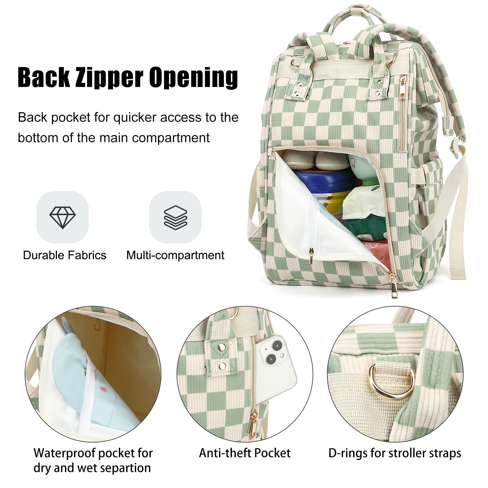 Baby Diaper Bag Backpack for Mom, Large Capacity Travel Nappy Bag for Boys & Girls with Stroller Straps (Corduroy Checkered Green)