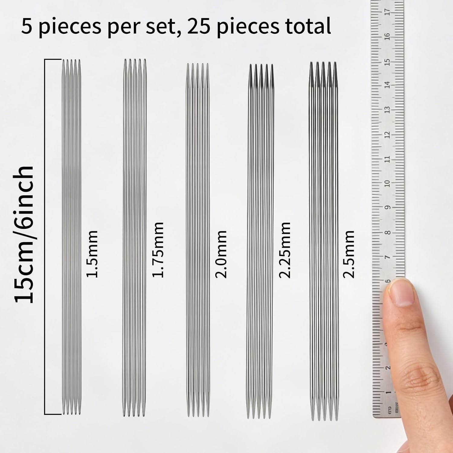 Double-Pointed Knitting Needle Set, 6 inches (15 cm), 5 Sizes (1.5/1.75/2.0/2.25/2.5 mm), 5 Needles per Set, Suitable for lace Knitting and fine Sock Knitting