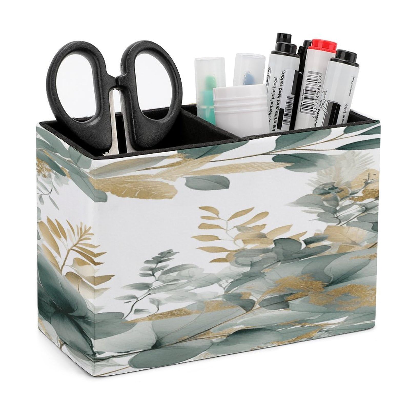 VstaDank Gold And Green Leaves Pen Holder Double Compartments Pen Cup Fashion Makeup Brush Holders Leather Pencil Holder for Work Locker Accessories Modern Pencil Cup for Desk Organizer