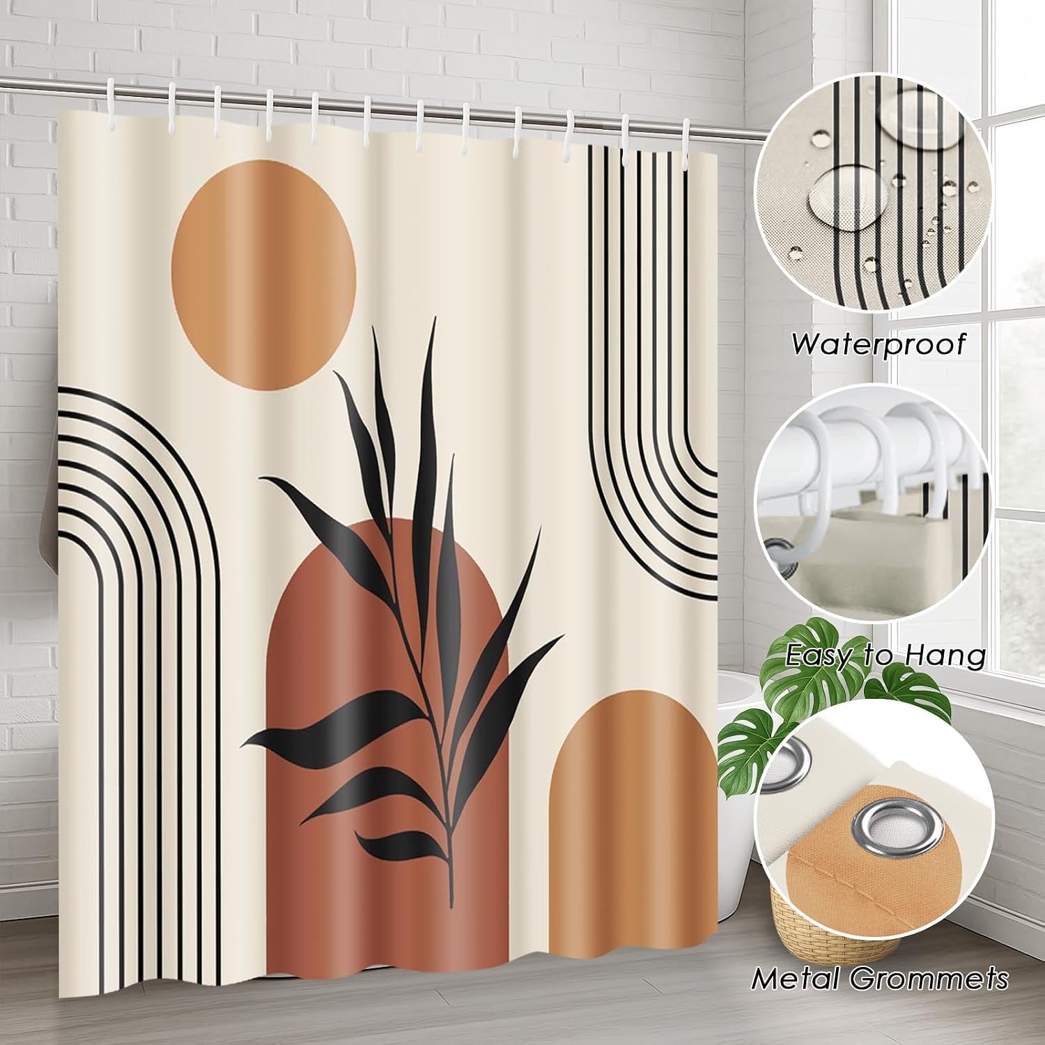 ArtSocket Boho Bathroom Set with Shower Curtain and Rugs Accessories, Mid Century Sun Brown Leaves Modern Shower Curtain for Bathroom Decor 4 Pcs