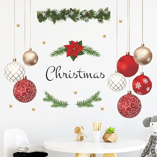 Miniatura 3 de Christmas Wall Decals Hanging Ball Window Wall Stickers Decorations, Golden Star Red Hanging Balloon Wreath Wall Decor Posters Vinyl Removable Xmas