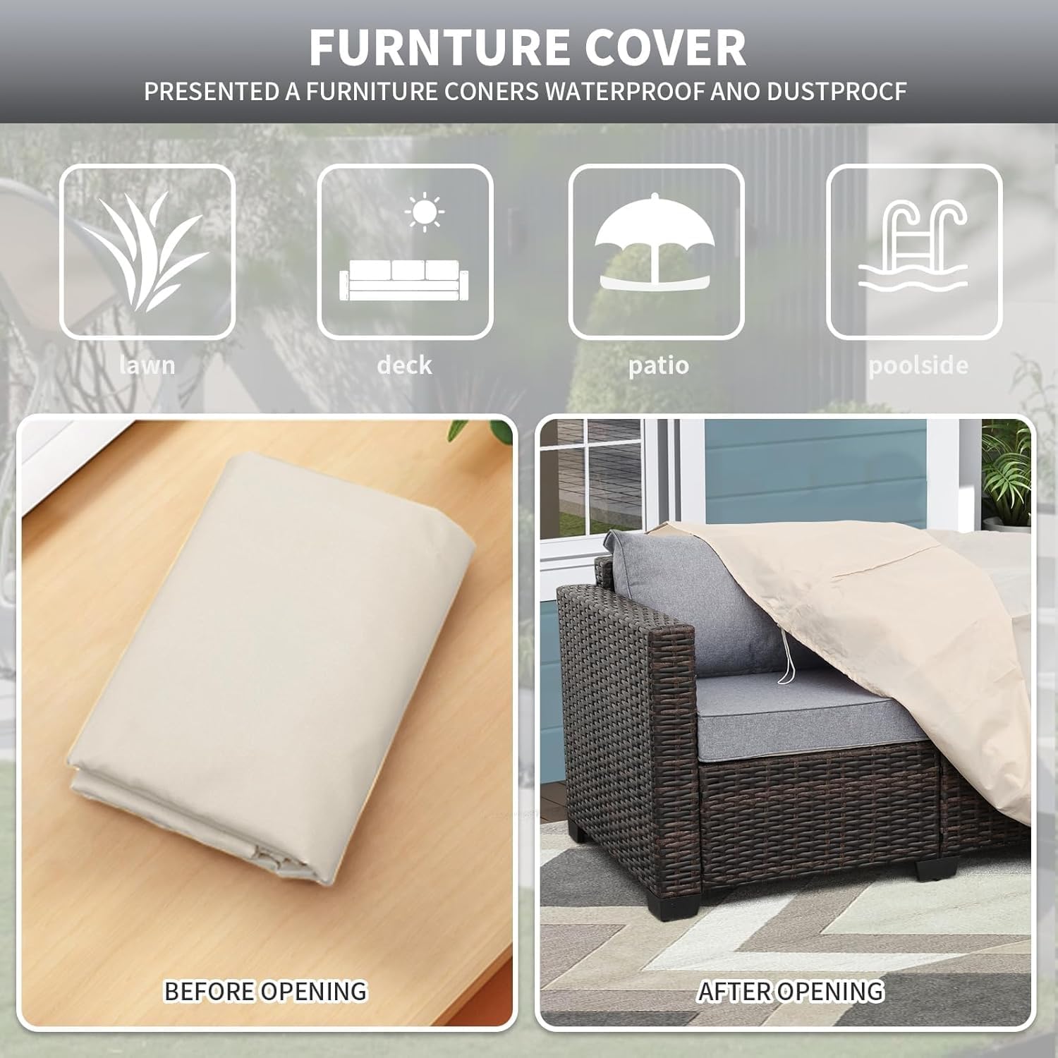 Grey 2 Seater Couch Outdoor Furniture Small Sofa Loveseat Sofa Patio Furniture with Anti-Slip Cushions Lumbar Pillow and Waterproof Cover