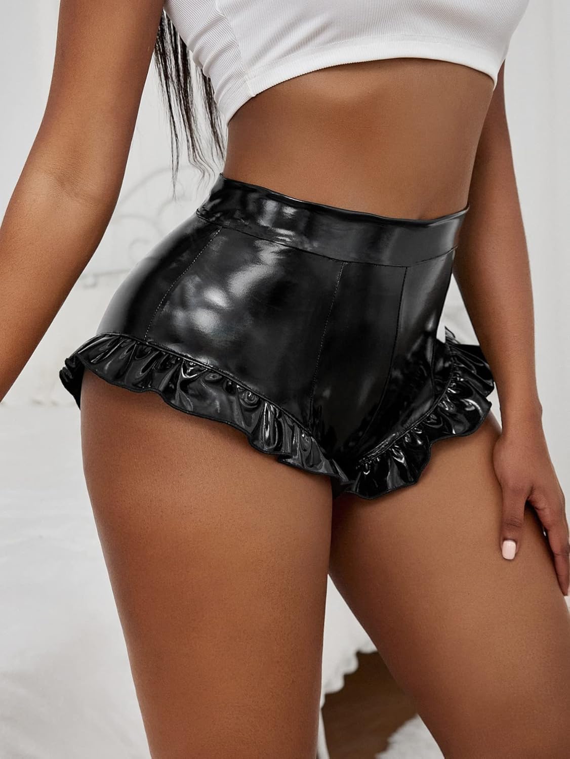 WDIRARA Women's PU Leather High Waisted Booty Shorts Ruffle Hem Skinny Shorts - Image 3