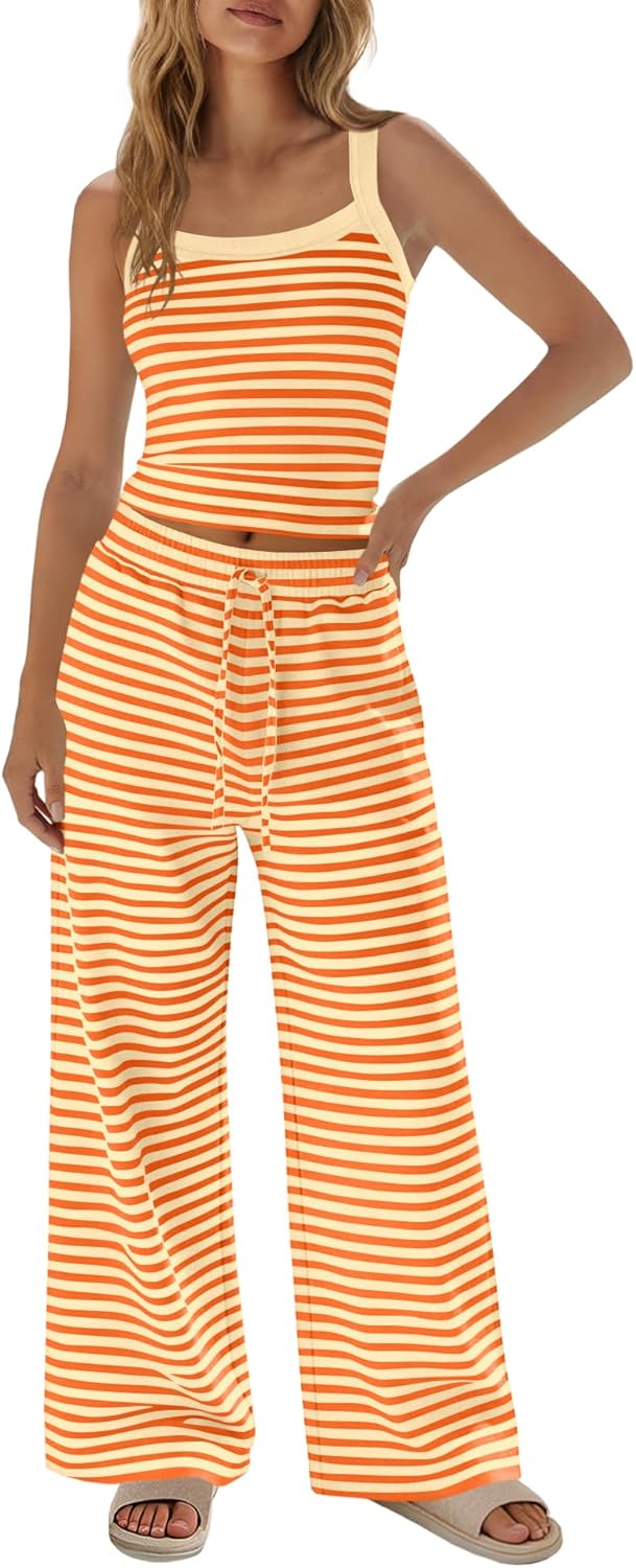 Nirovien Womens Lounge Sets Striped 2 Piece Outfits Spaghetti Strap Tank Tops and Wide Leg Pants Vacation Travel Sets