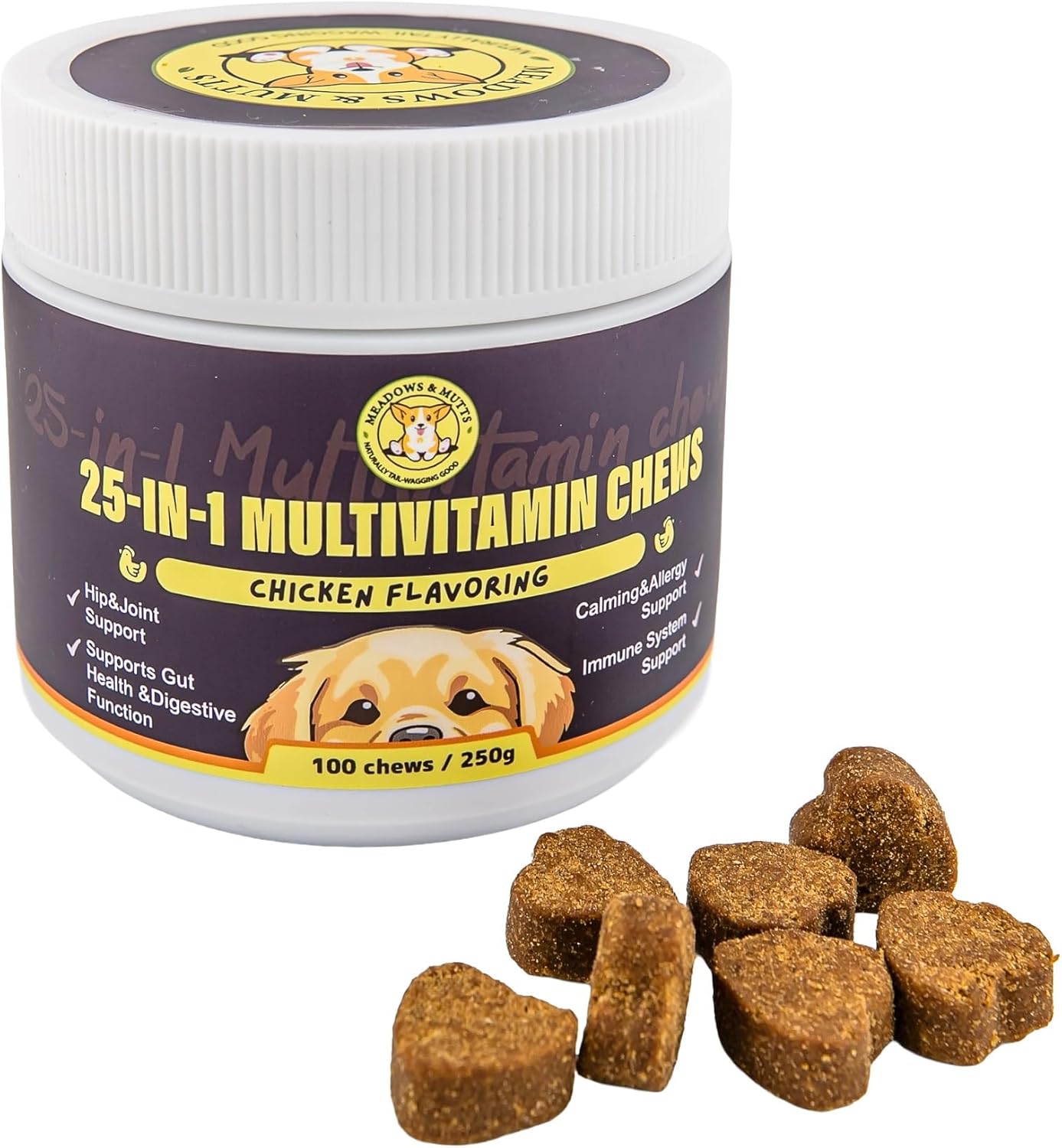 MEADOWS & MUTTS 25-in-1 Dog Multivitamin Chews – Daily Dog Vitamins & Supplements with Glucosamine, MSM, Omega-3 & Probiotics for Joint, Skin & Coat, Digestion & Immune Support, 100 Count
