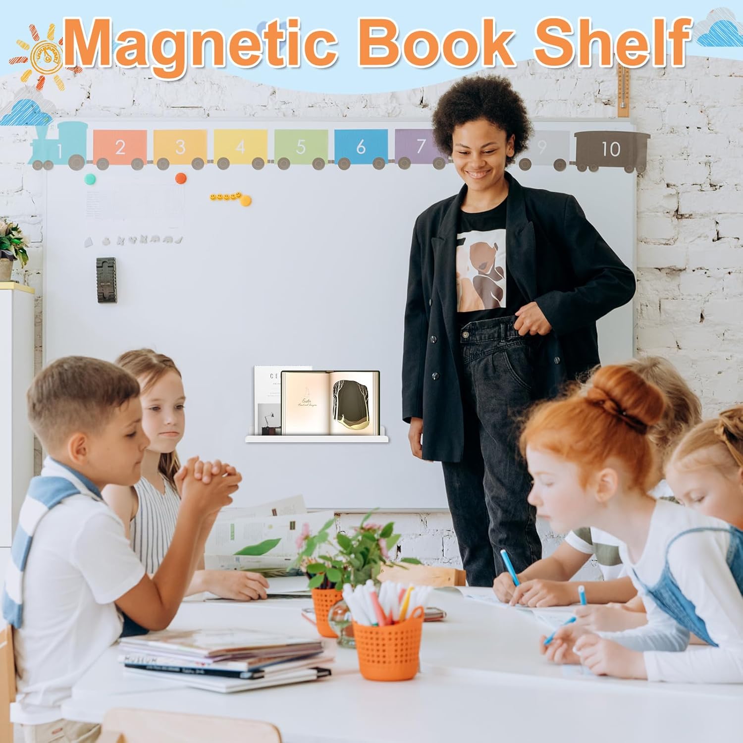 2Pcs Magnetic Book Shelf 17inch Acrylic Whiteboard Holder with Pen Container Fridge Floating Spice Rack Seasoning Bottles Organizer for Kitchen Wardrobe Kids Room Classroom(White)