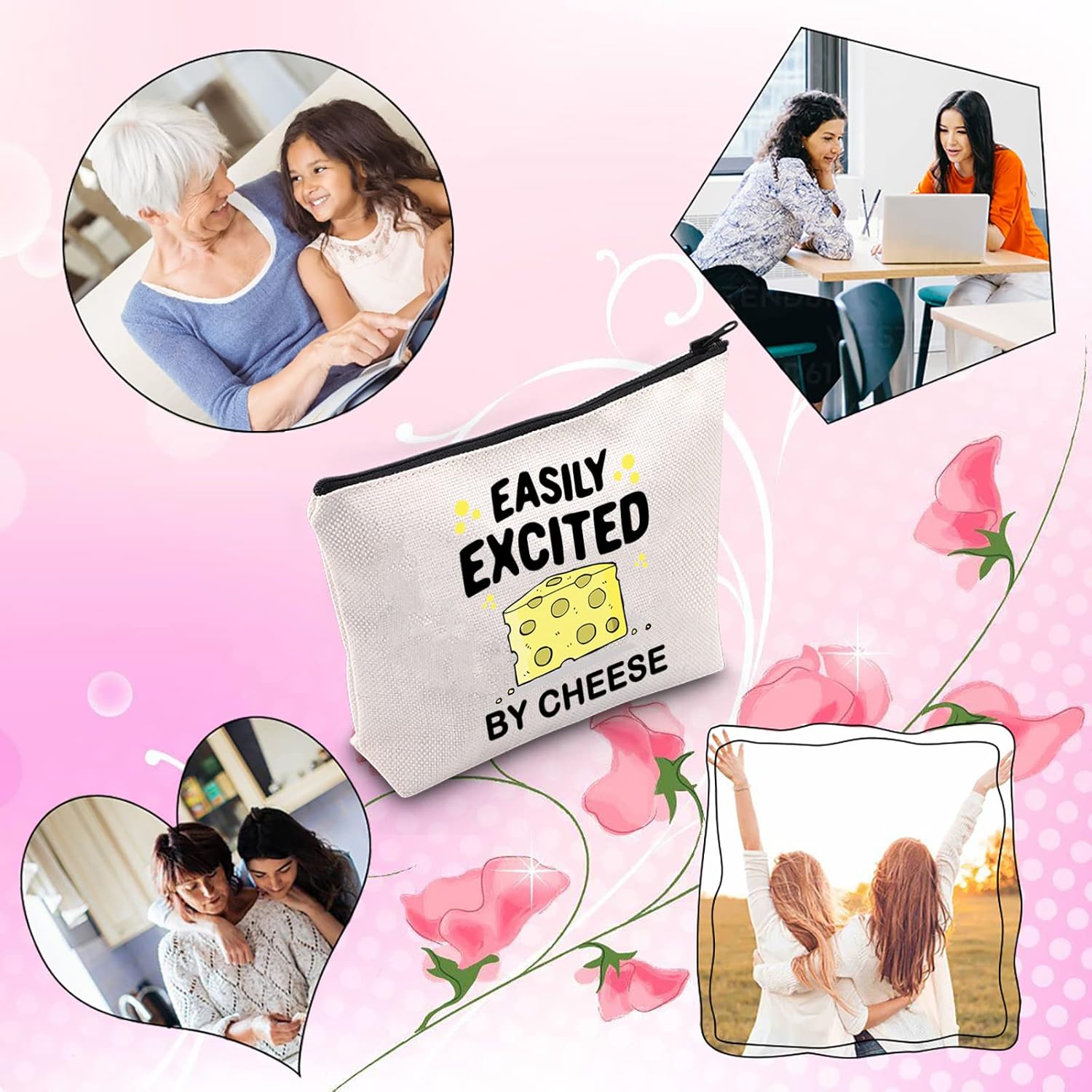 TSOTMO Cheese Lover Gift Easily Excited By Cheese Cute Cheese Themed Zipper Pouch Makeup Bag (EXCITED BY CHEESE) - Image 5