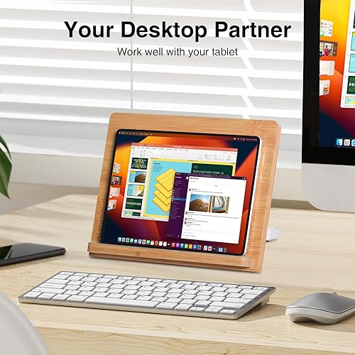 Miniatura 4 de Soporte universal para tableta, 11 x 8.2 pulgadas, compatible con tabletas y teléfonos de 4.7-12.9 pulgadas, madera de bambú