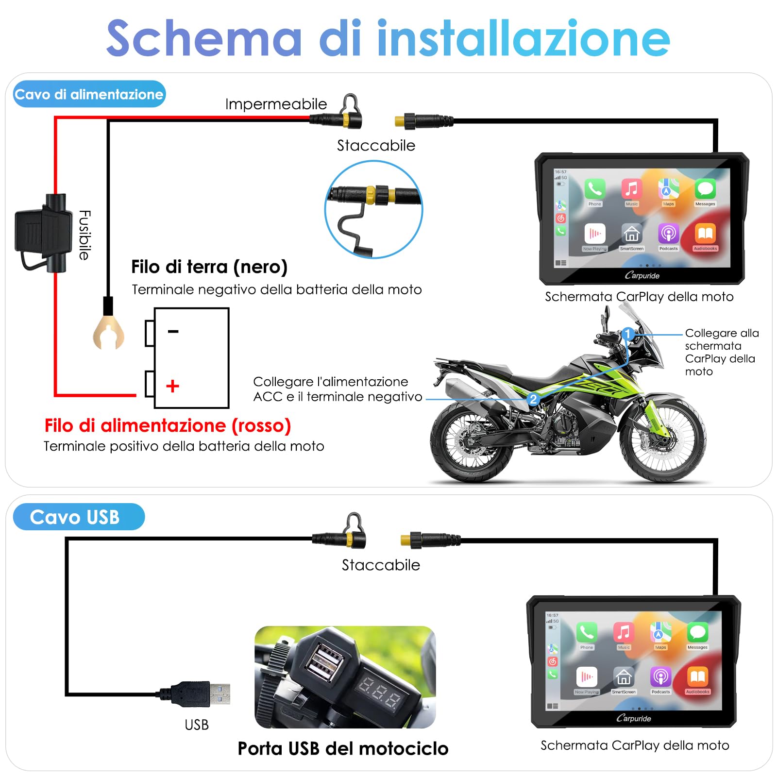 Carpuride W702 Schermo CarPlay Moto 7" Touchscreen Impermeabile GPS Bluetooth