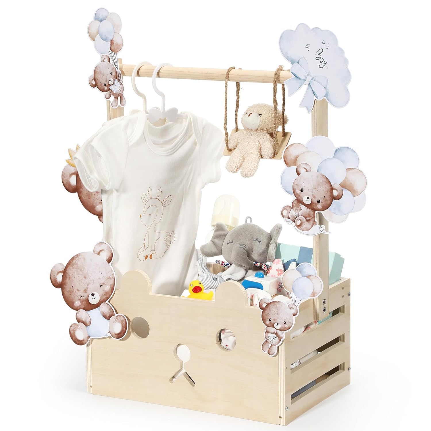 Cinnvoice Baby Shower Bear Gift Baskets with Hanger Rack, Wooden Crate Closet Bear Cards Decoration Crate for Baby Boys Girls Pregnancy New Parent Gifts(Blue,It's A Boy)