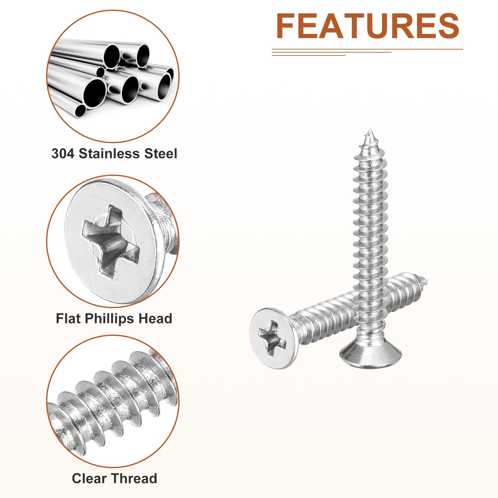 DTGN 100Pcs M5x35mm Flat Head Wood Screws, 304 Stainless Steel Phillips Self Tapping Screws - Good for Woodworking Furniture - Silver - Image 4