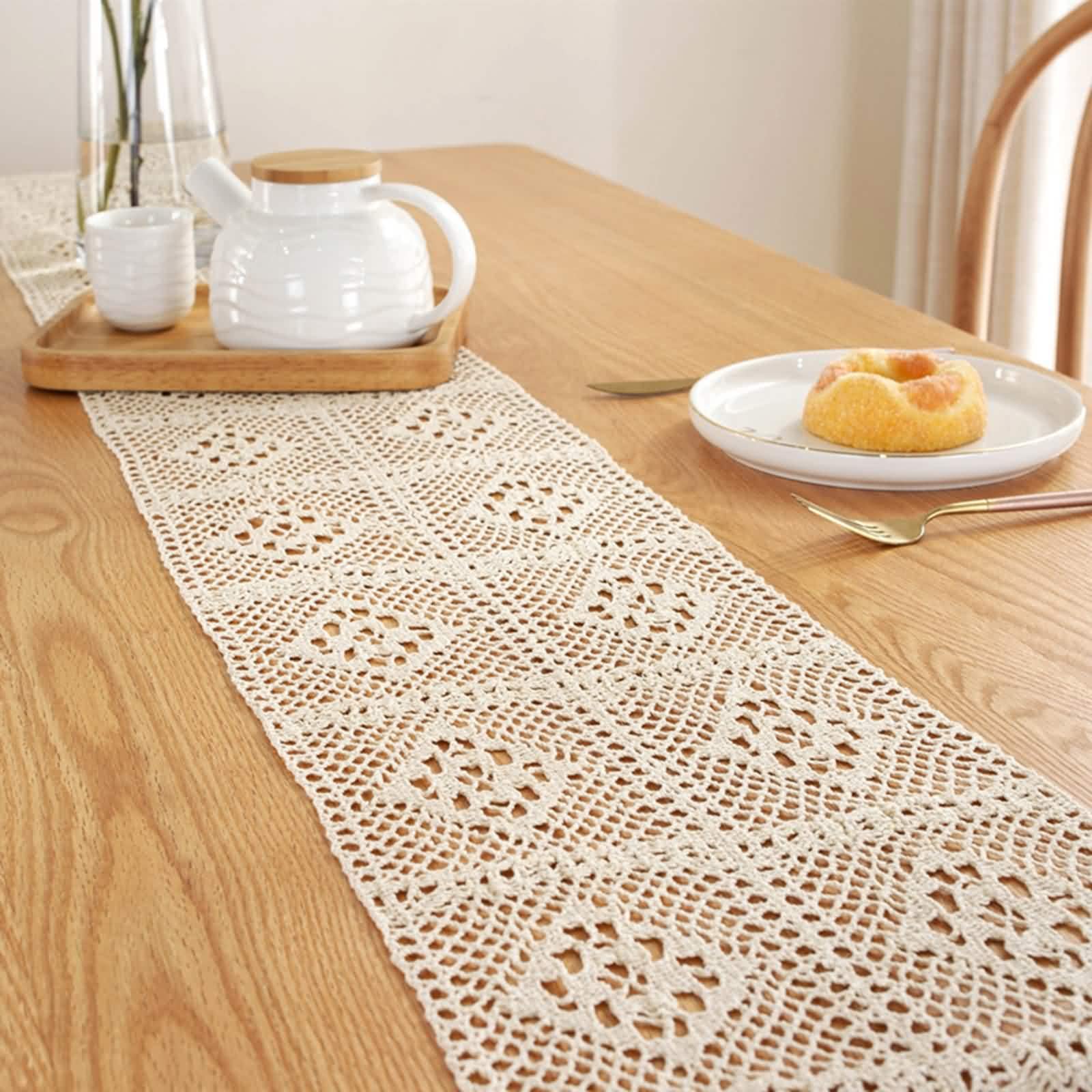 Tischläufer Edel, Tischläufer Beige Creme Modern 24x350CM Hohles Gitter Baumwolle Table Runner Tischdeko Wohnzimmer Küche Hochzeiten