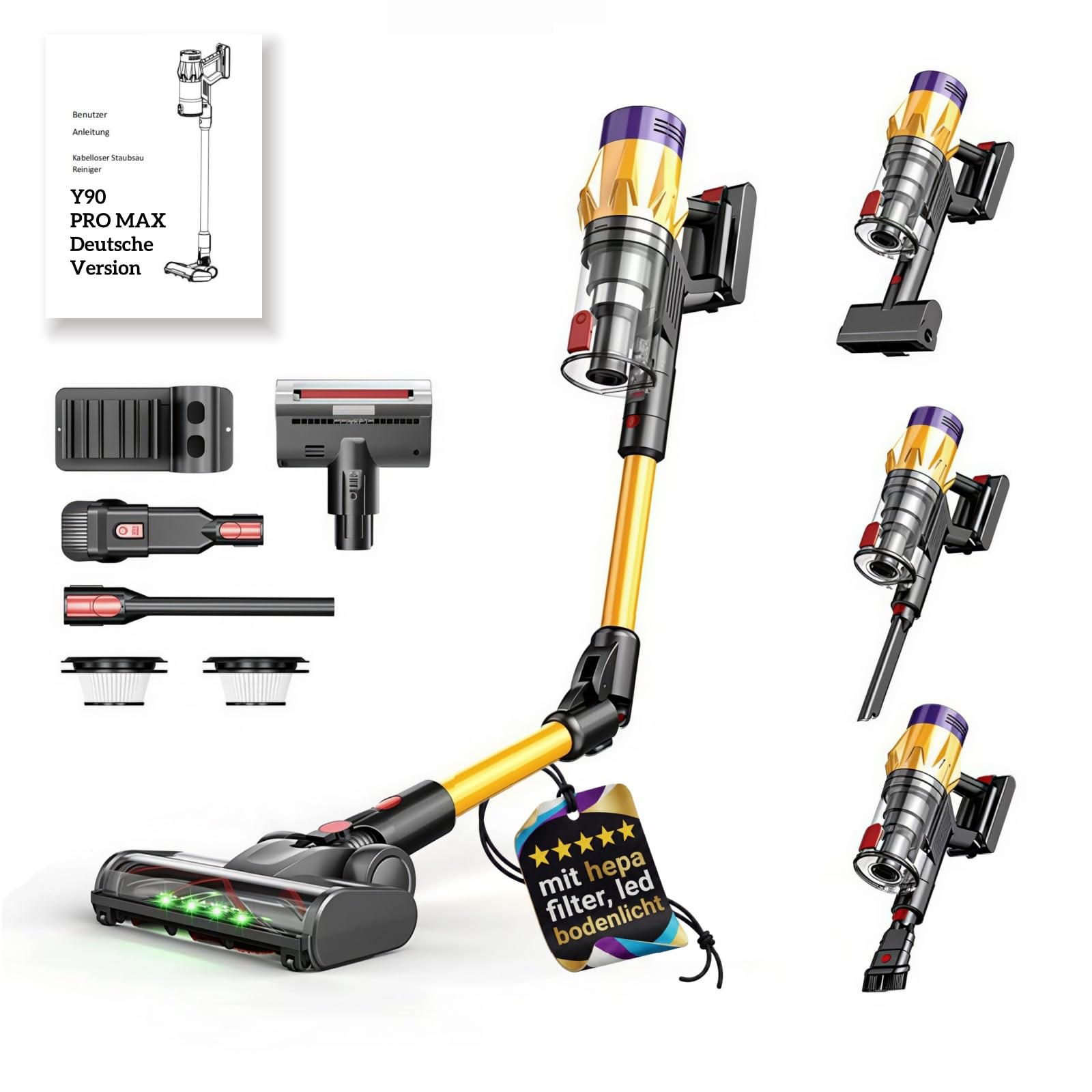 airvax akku staubsauger Y90 pro max, kabelloser staubsauger 35kpa 550w mit faltbarem saugrohr und milbenbuerste, 40 minuten laufzeit, beutelloser akkusauger für teppich hartboden sofa auto Gold