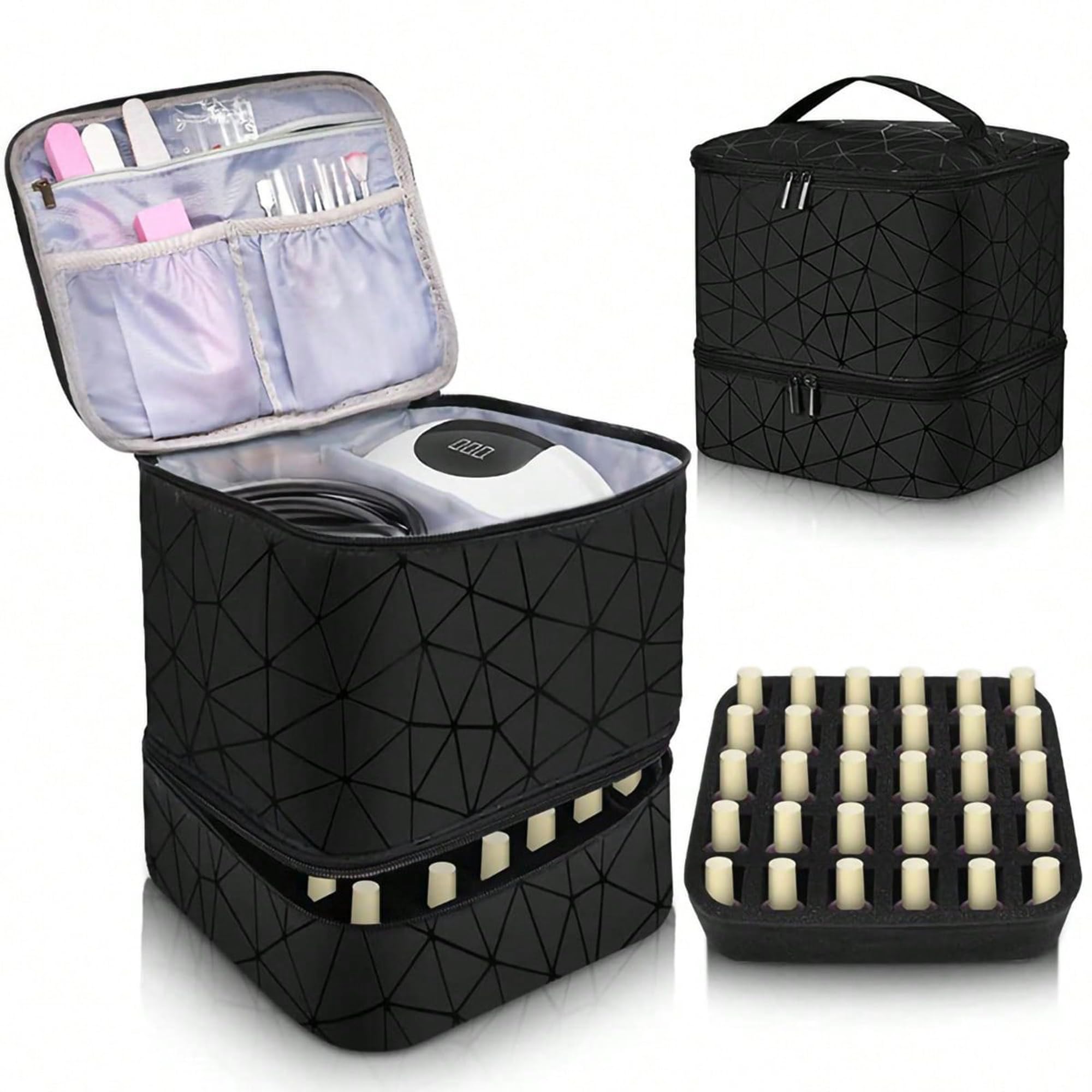 Organizador de esmalte de uñas de doble capa, rejilla de diamante negro, funda de transporte de esmalte de uñas, bolsa organizadora de maquillaje, bolsa de viaje de doble capa, bolsas de