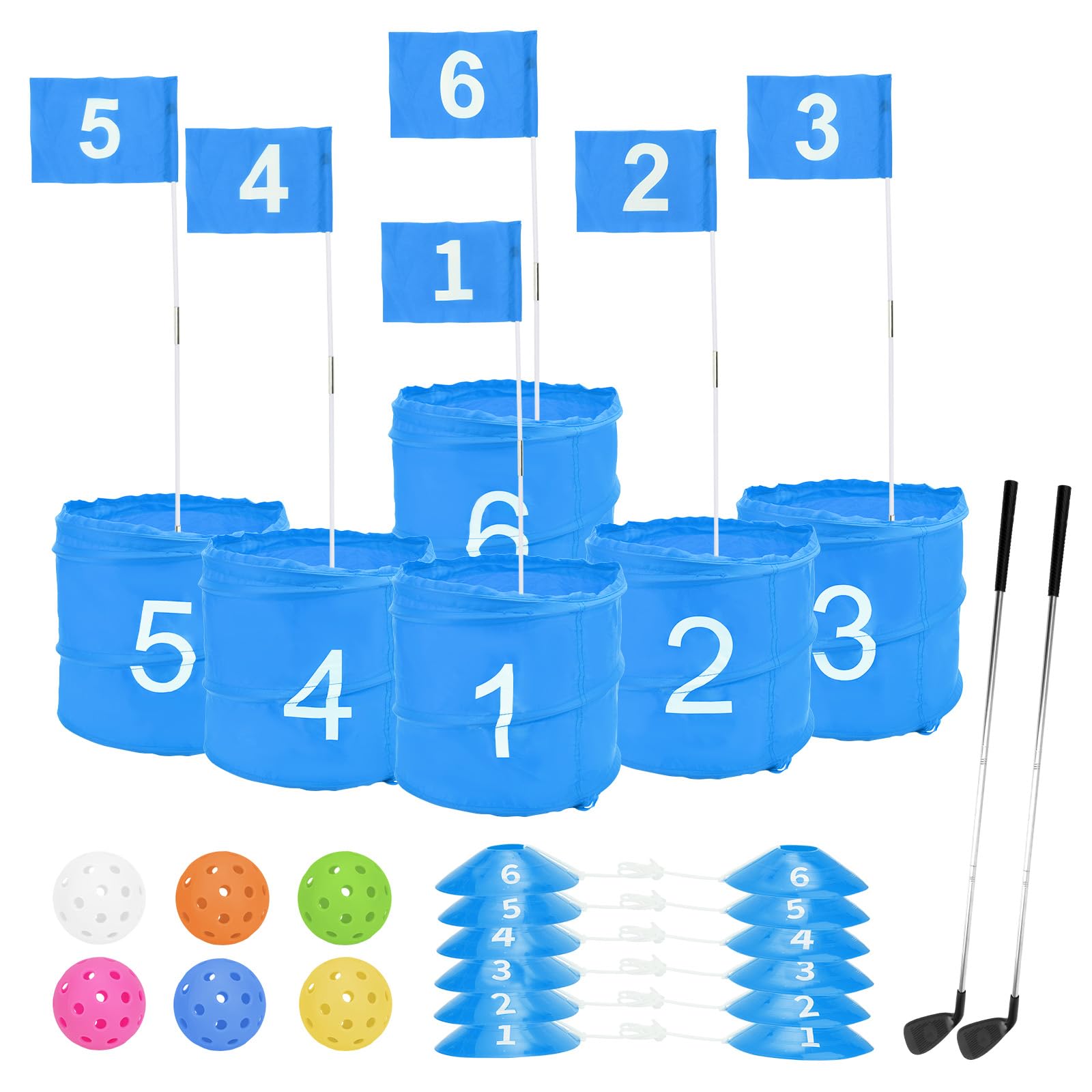 Golf Yard Game Set, 6 Holes Pail Battle Golf Practice Bucket Games with Flag for Adults Kids Lawn Beach Yard Camping Park Outdoor Backyard(Blue)