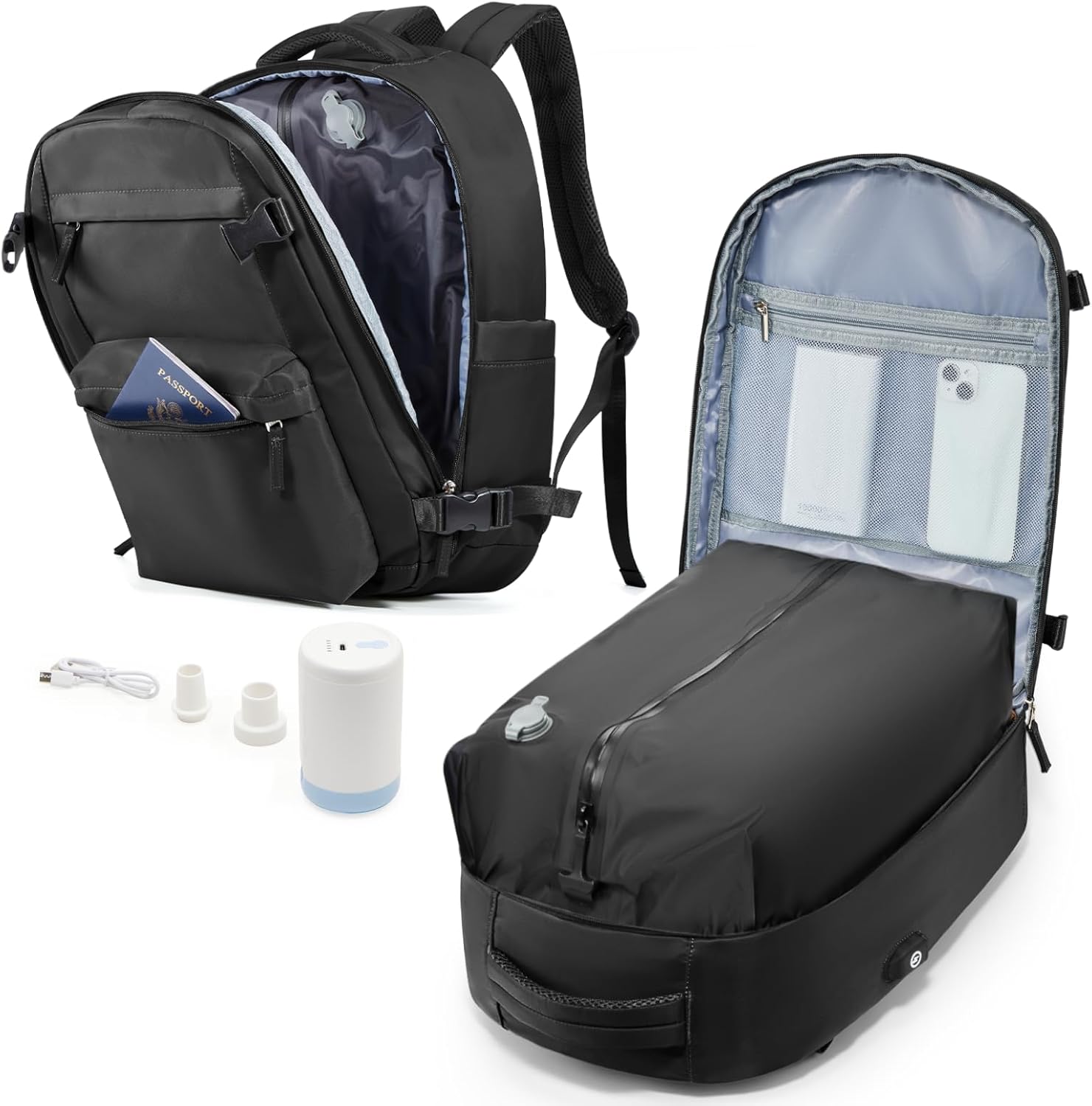 Airplane Cabin Travel Vacuum Backpack with Pump – Compression Bag with Airbag, USB Port, Hand Luggage 45 x 36 x 20 cm Waterproof, Black-3878, L