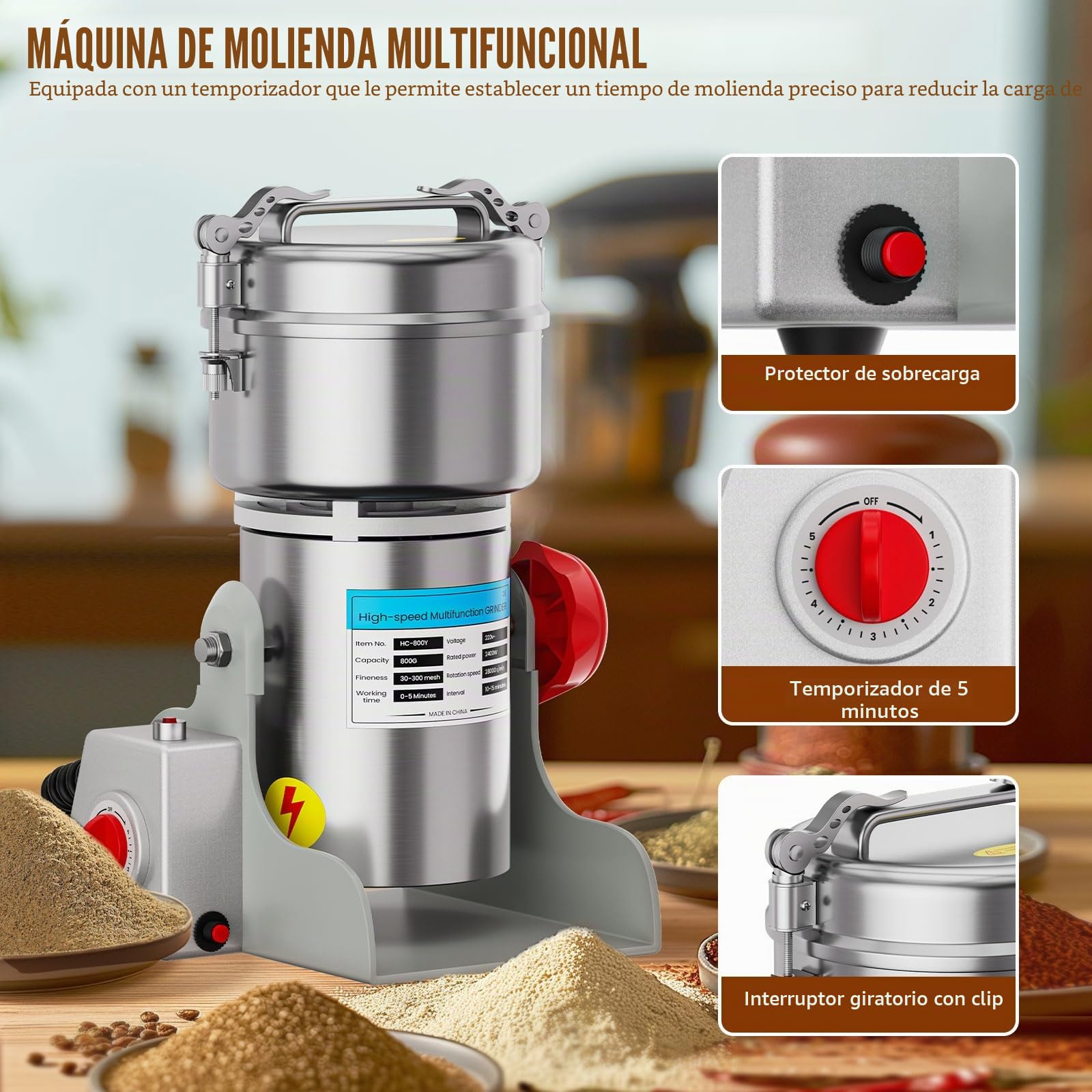 Molino de grano eléctrico de 800 g, trituradora de granos de 2400 W de alta velocidad, máquina de polvo comercial con protección contra sobrecarga para cereales secos, arroz, granos de maíz