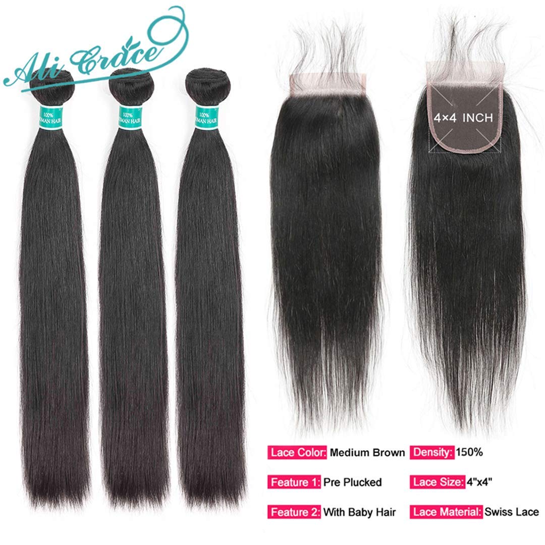 ALI GRACE Straight Bundles with Closure Brazilian Virgin Human Hair 3 Bundles With 4x4 Lace Closure Free Part (16 18 20+14）Nature Color For Black Women